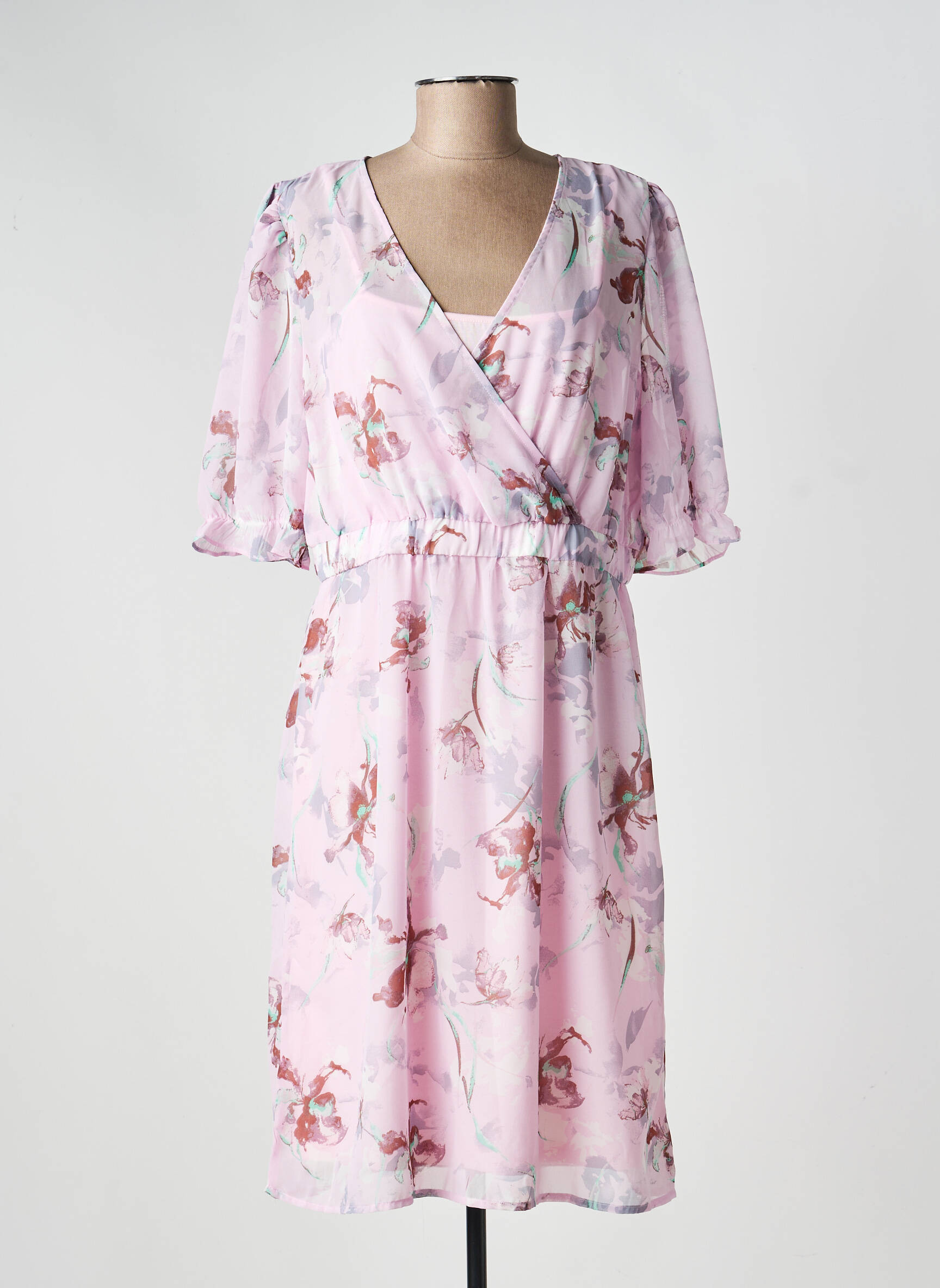 Rochie midi imprimeu floral mâneci 3/4 roz MICHA femeie