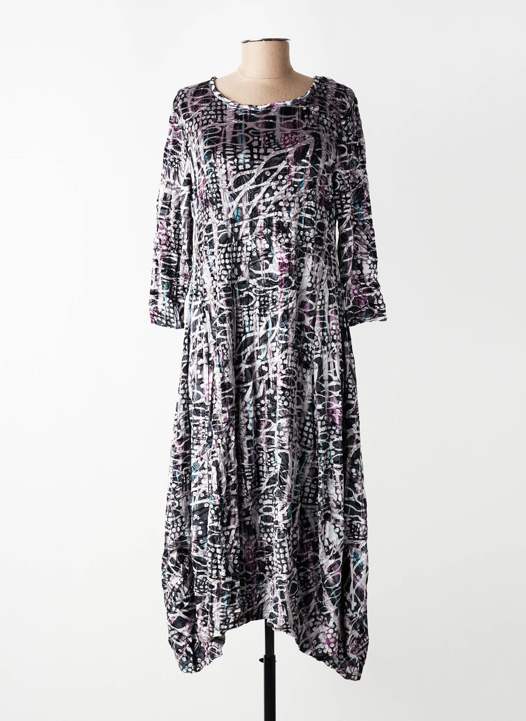 Rochie lungă imprimeu fantezie mâneci 3/4 gri KOZAN femeie