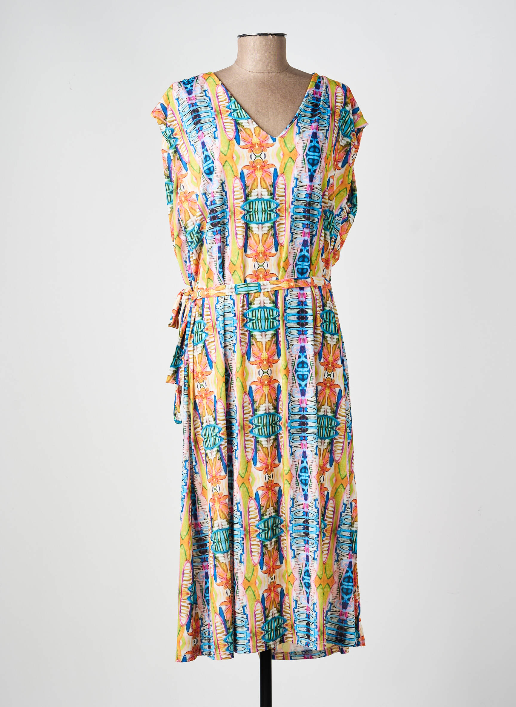 Rochie midi imprimeu fantezie mâneci scurte albastru TINTA STYLE femeie