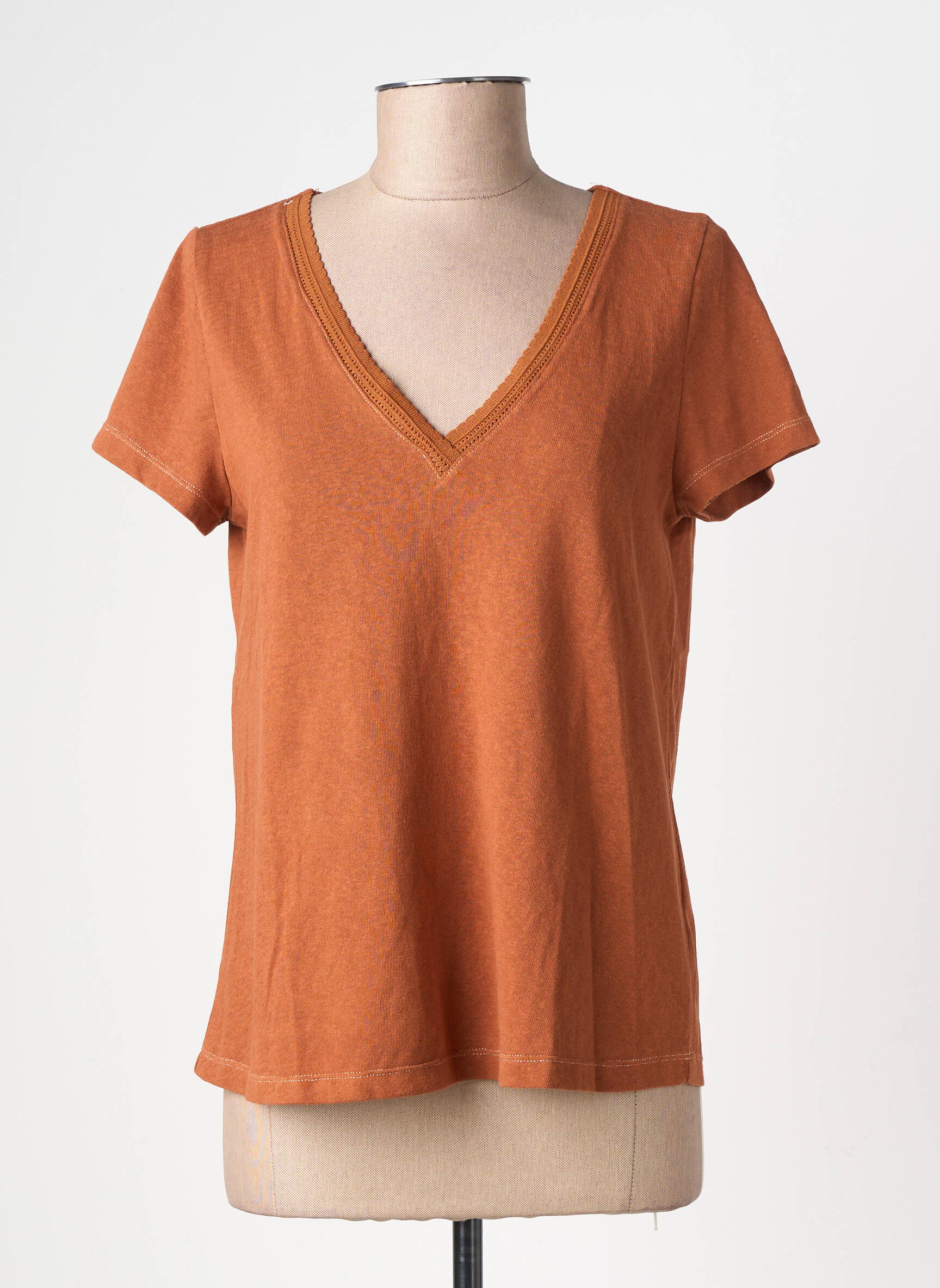 Tricou guler în v mâneci scurte maro GRACE & MILA femeie