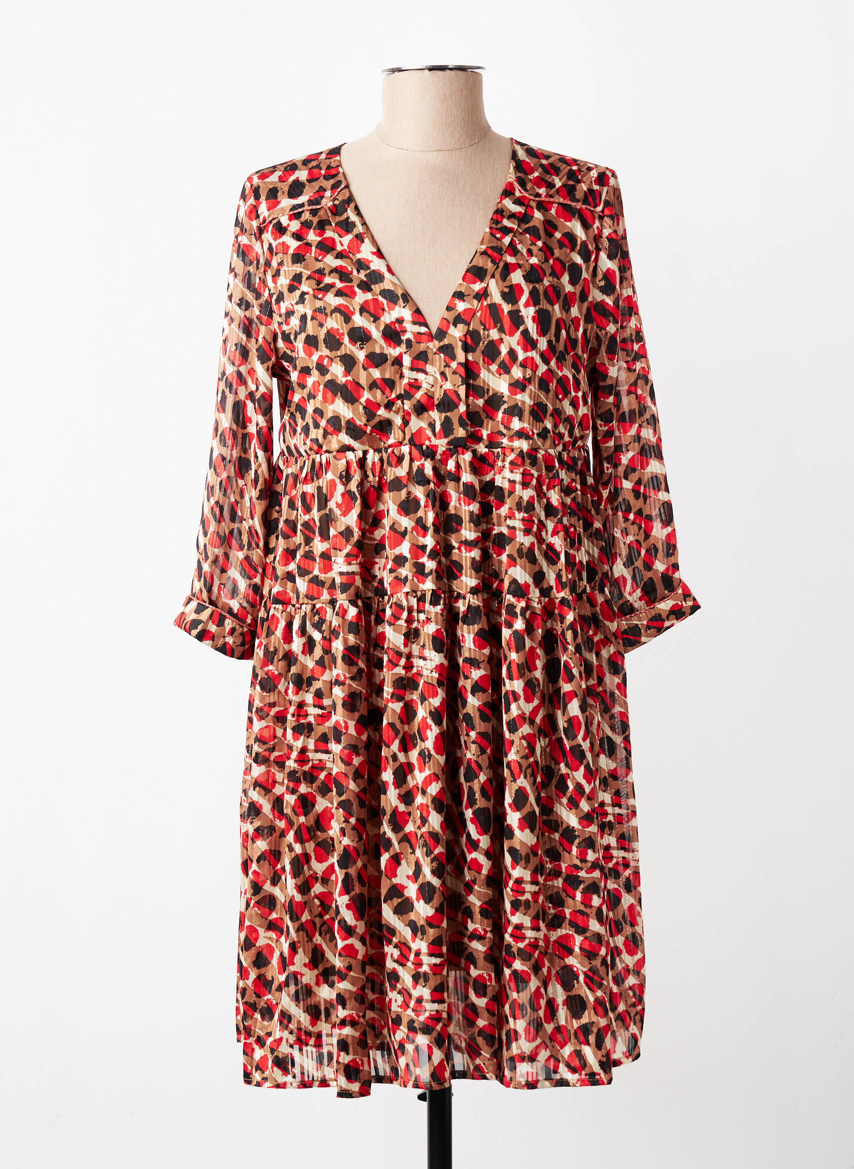 Rochie midi imprimeu fantezie mâneci lungi maro GRACE & MILA femeie