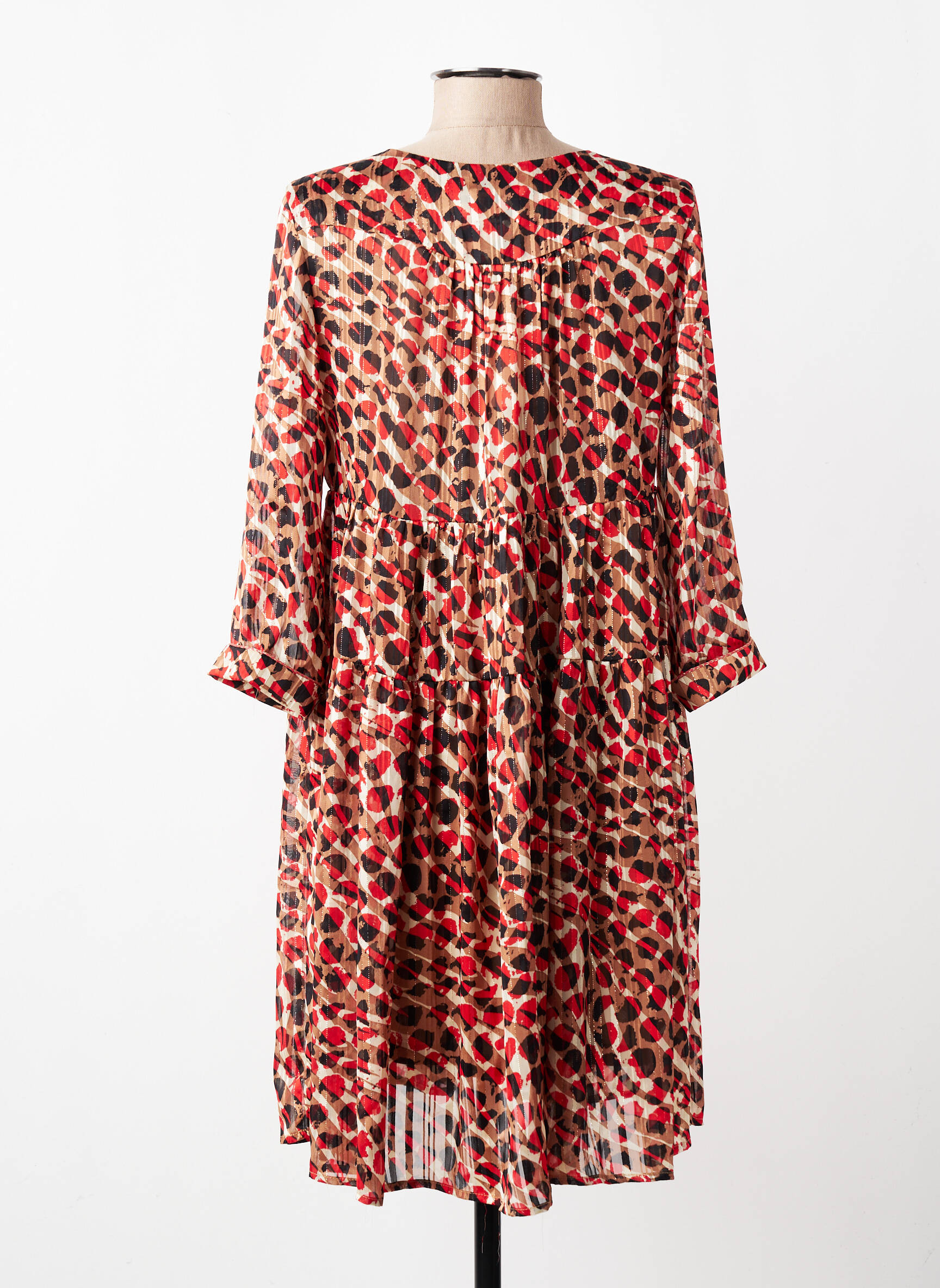 Rochie midi imprimeu fantezie mâneci lungi maro GRACE & MILA femeie