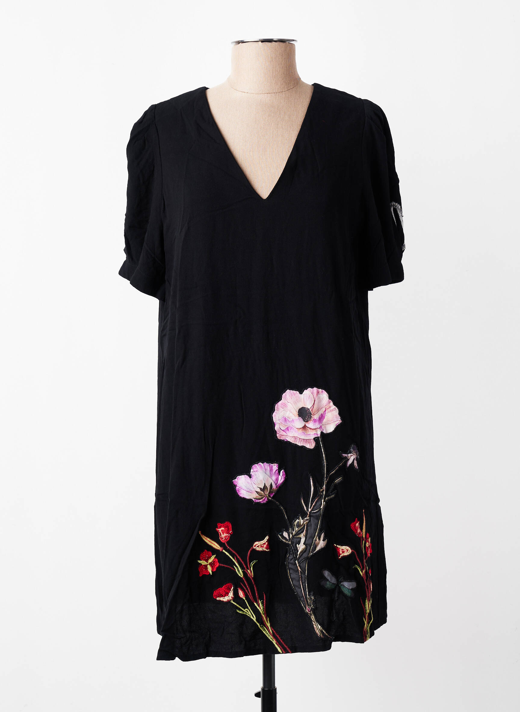 Rochie midi imprimeu floral mâneci scurte negru DESIGUAL femeie