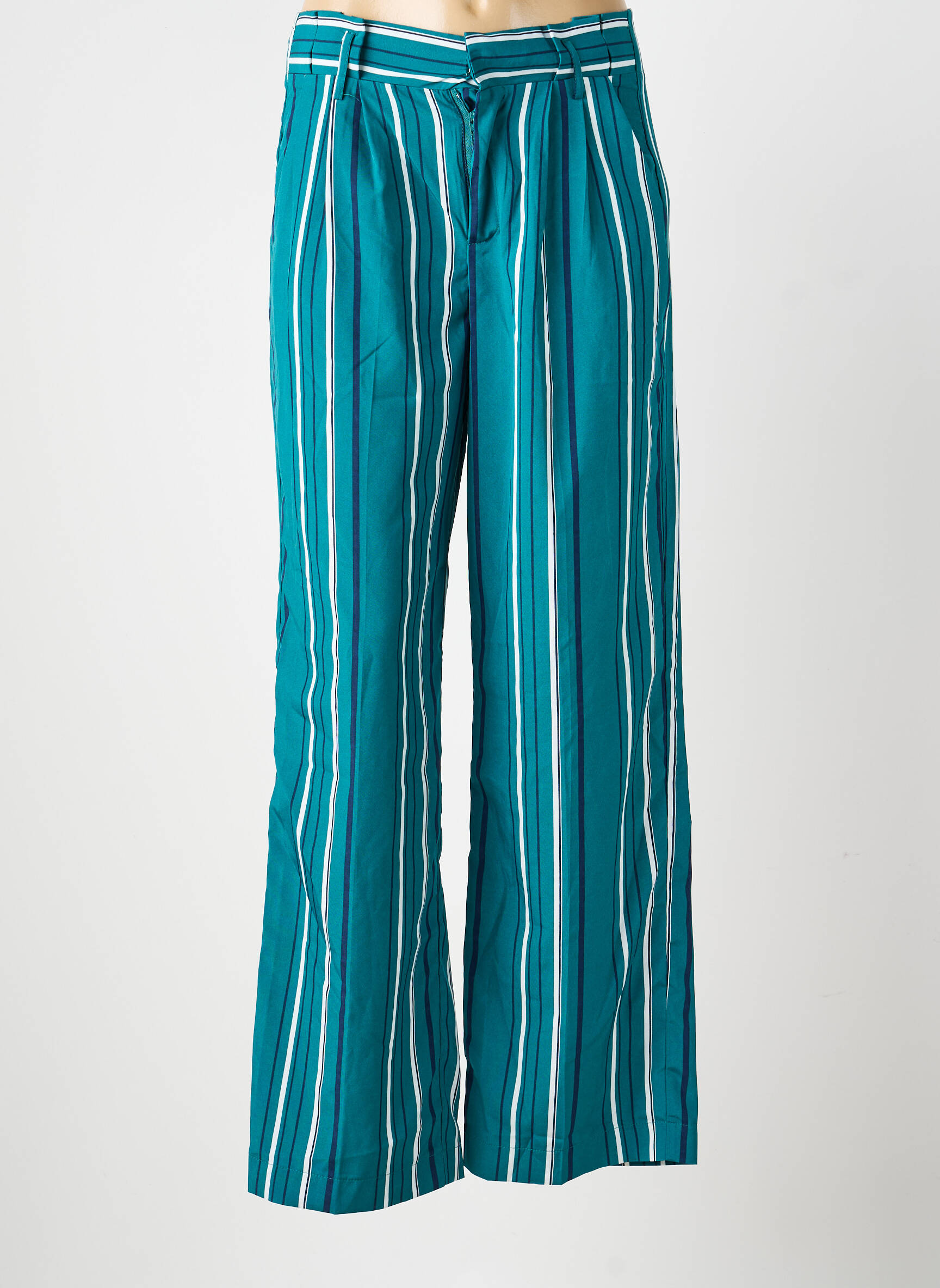 Pantalon larg țesătură poplin talie înaltă verde GRACE & MILA femeie