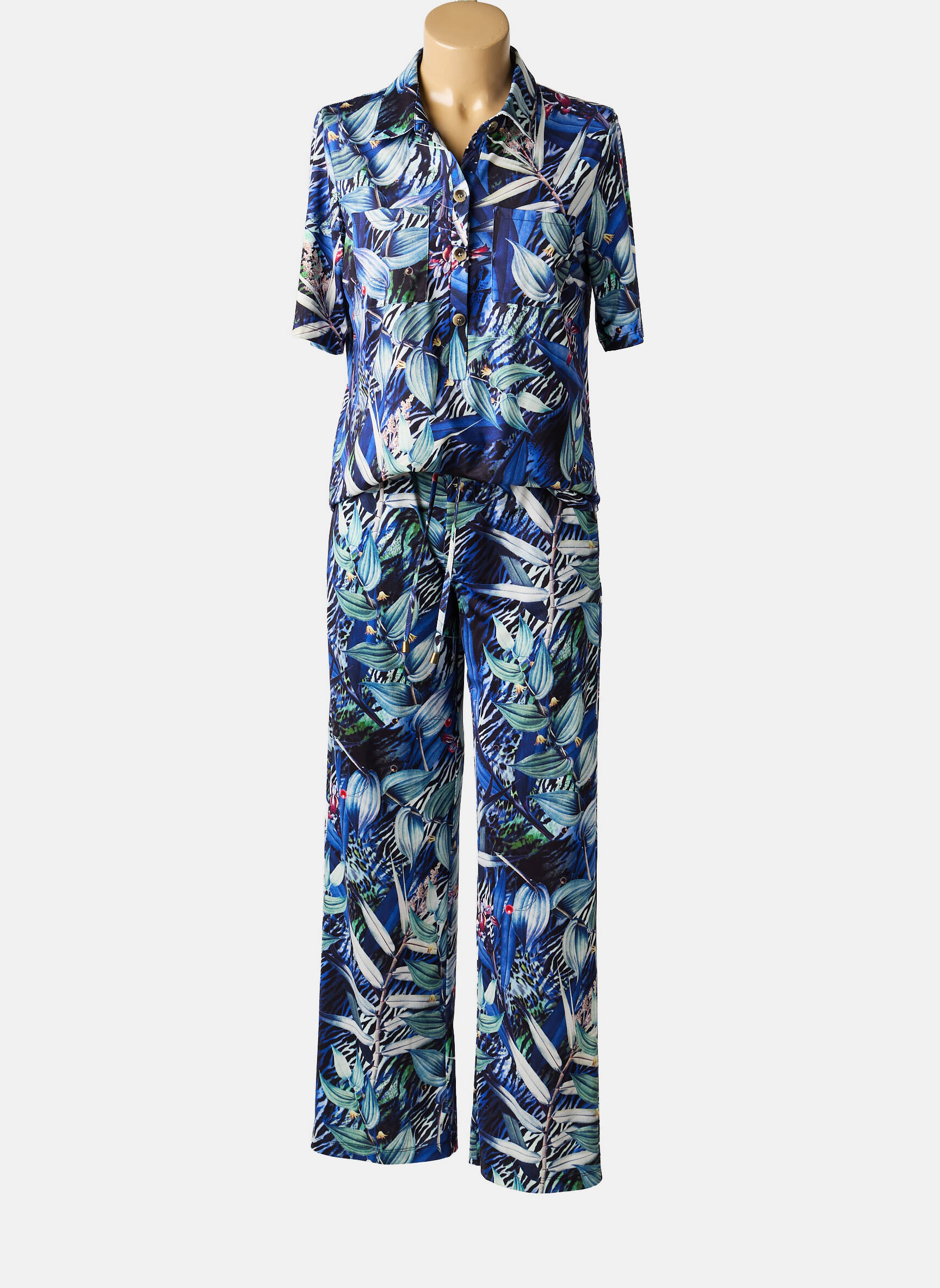 Salopetă-pantalon închidere cu nasturi pe față mâneci scurte albastru K-DESIGN femeie