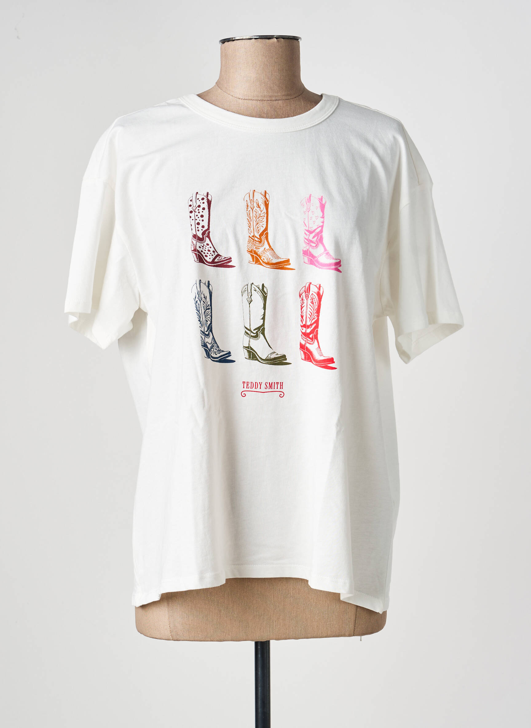 Tricou serigrafie flockată mâneci scurte alb TEDDY SMITH femeie