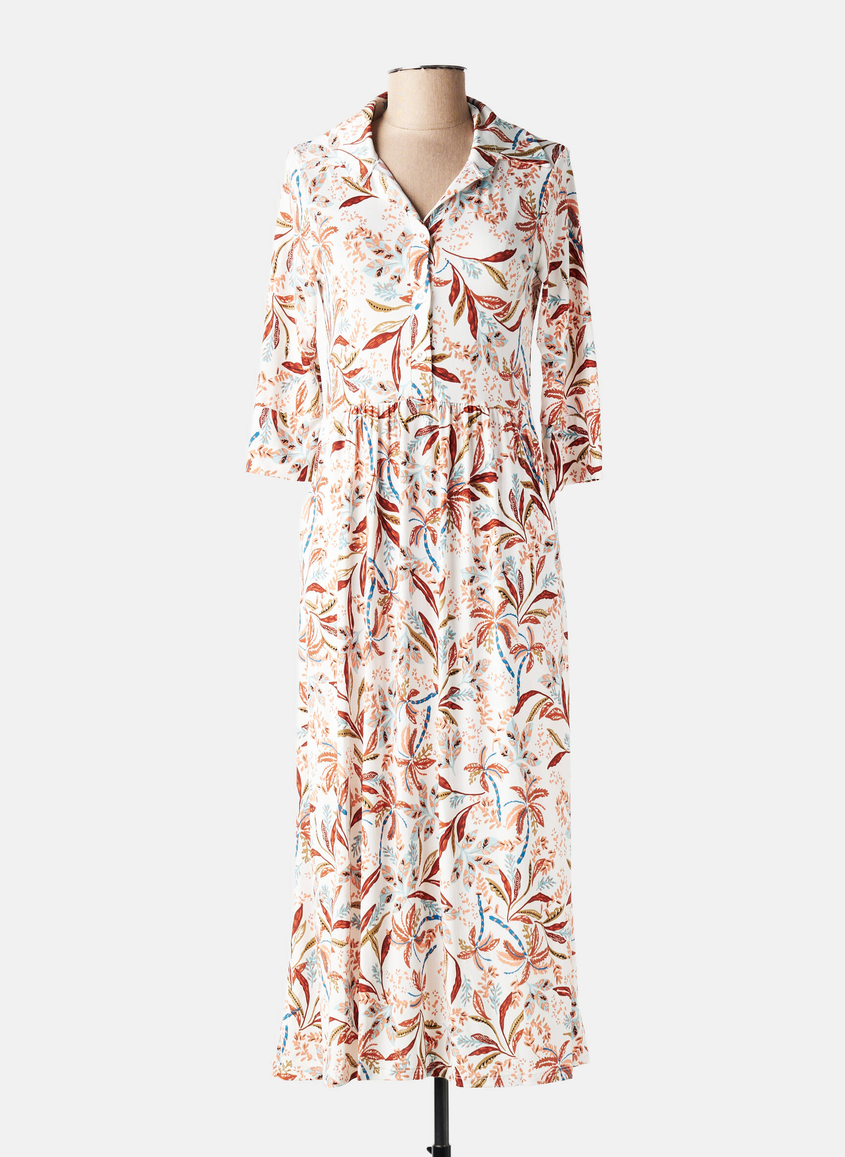 Rochie lungă imprimeu fantezie mâneci 3/4 alb JOY'S PARIS femeie