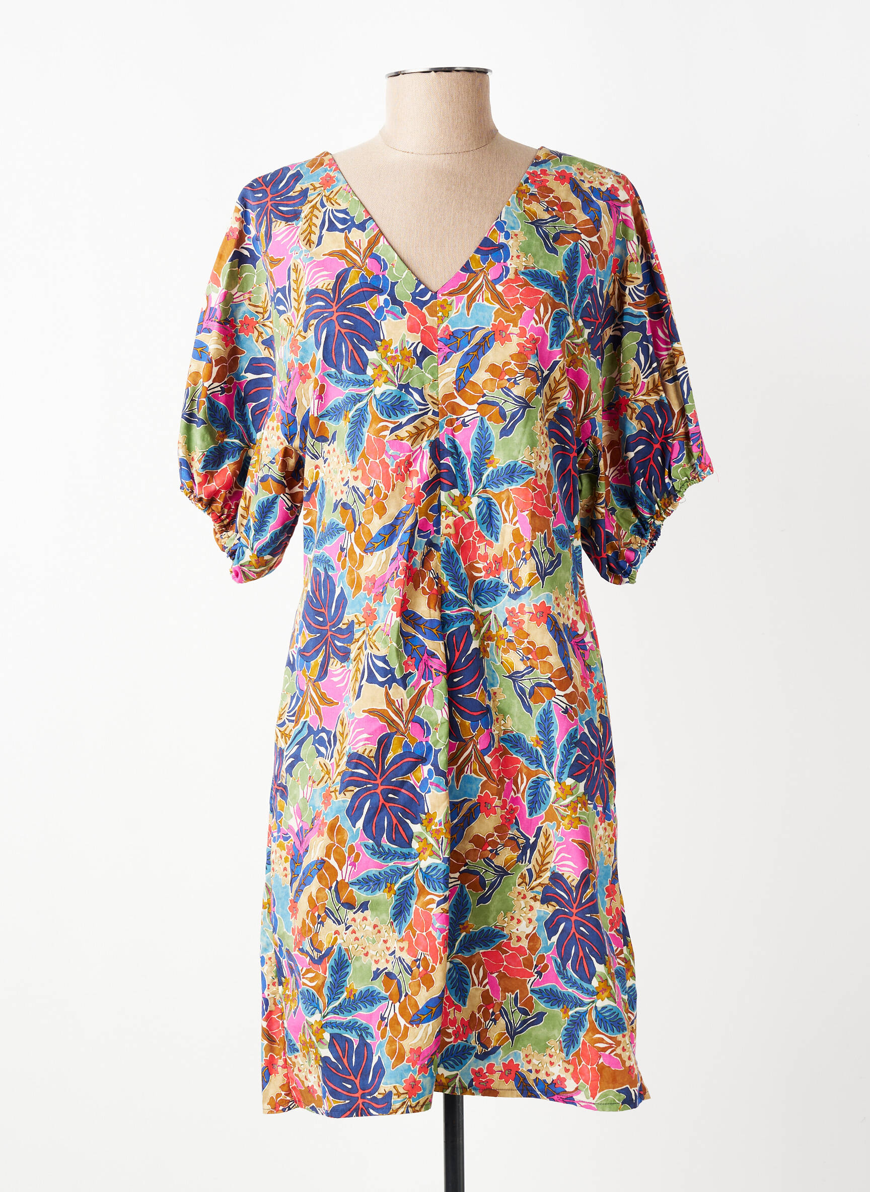 Rochie midi imprimeu fantezie mâneci scurte albastru EMA BLUE'S femeie
