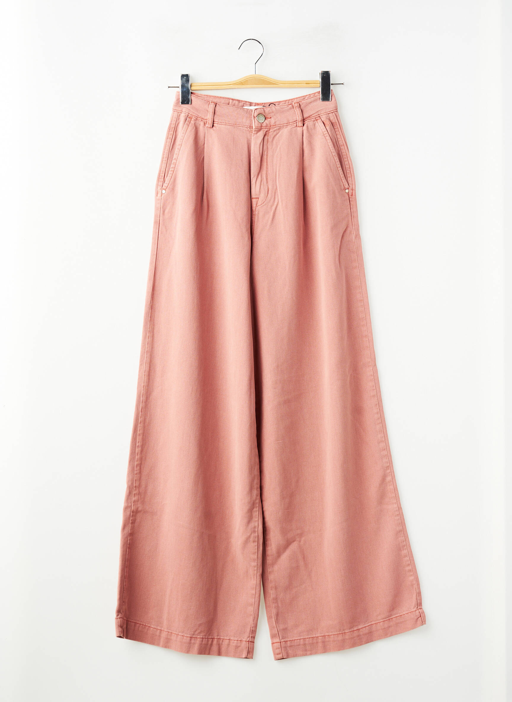 Pantalon larg țesătură poplin talie înaltă roz SUMMUM femeie