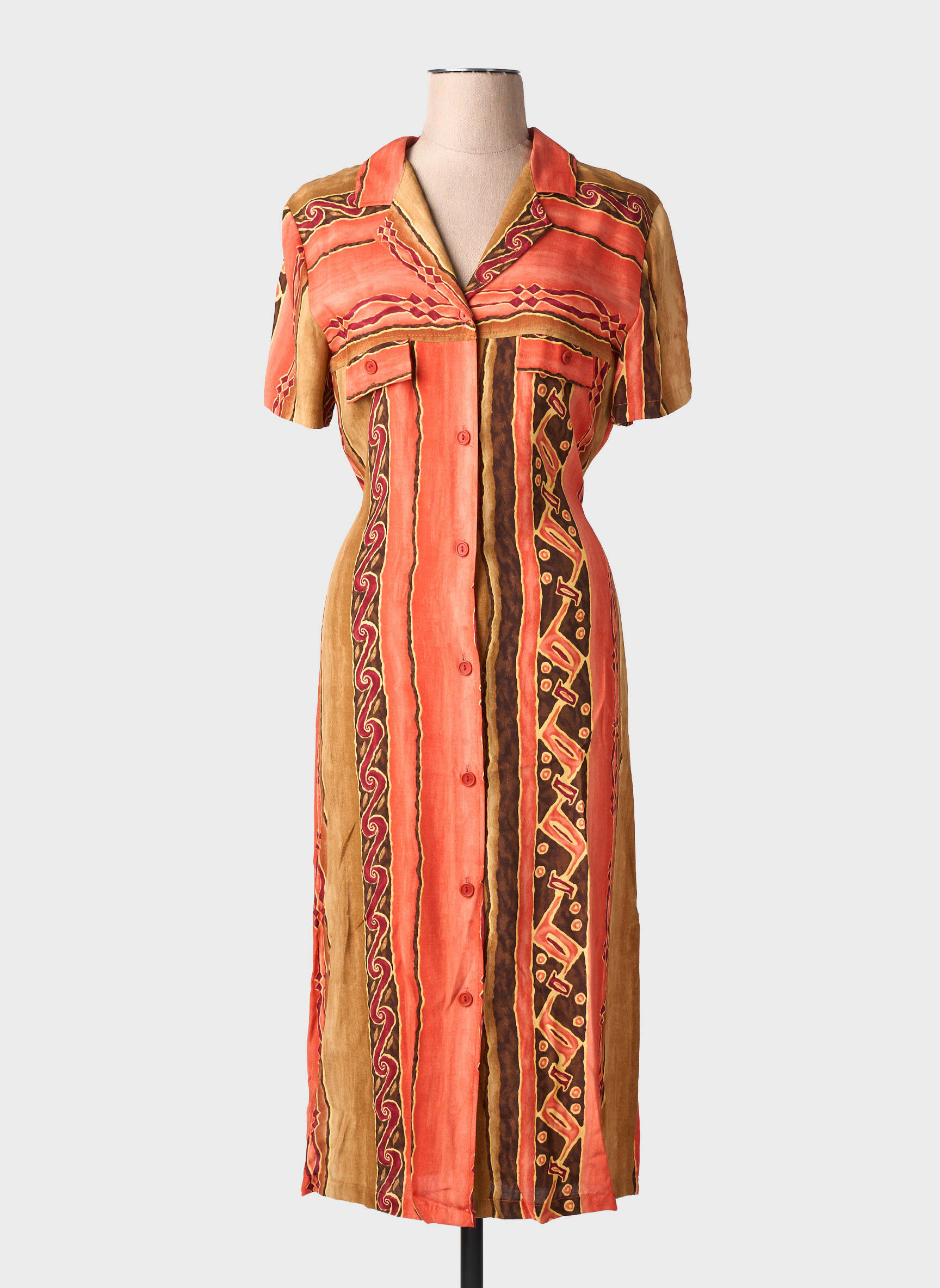 Rochie midi imprimeu fantezie mâneci scurte portocalie ATLANTA femeie