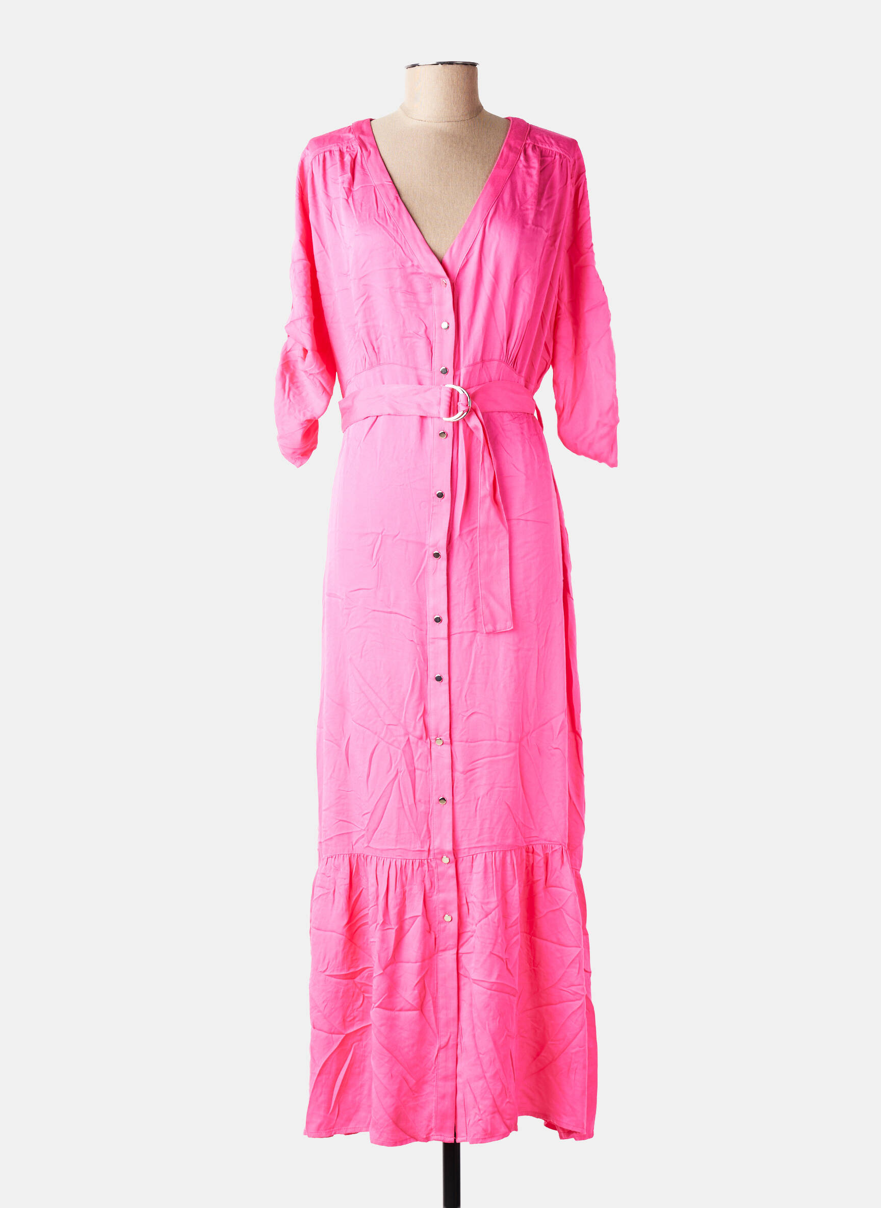 Rochie lungă croială cambrată mâneci 3/4 roz EVA KAYAN femeie