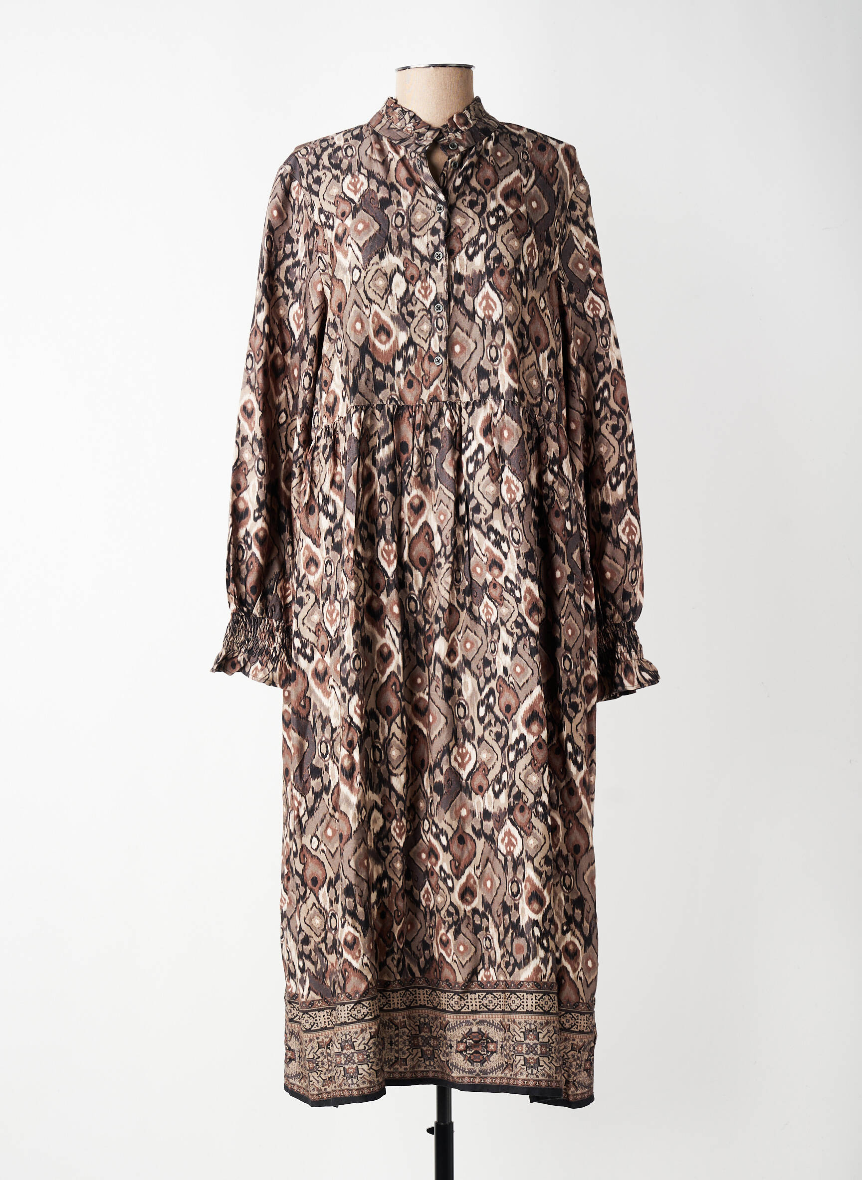 Rochie lungă imprimeu fantezie mâneci lungi maro CREAM femeie