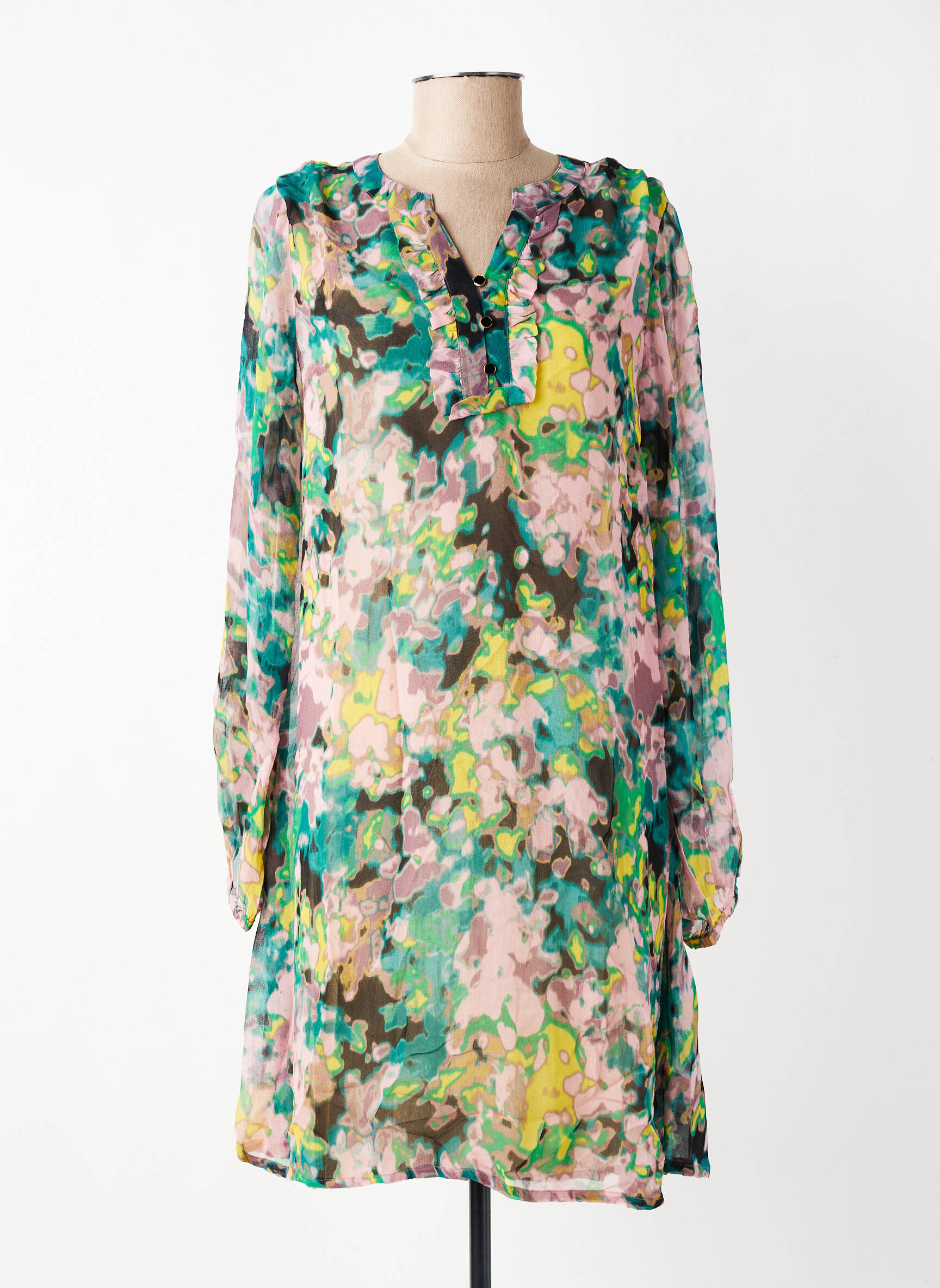 Rochie midi imprimeu fantezie mâneci lungi verde CREAM femeie