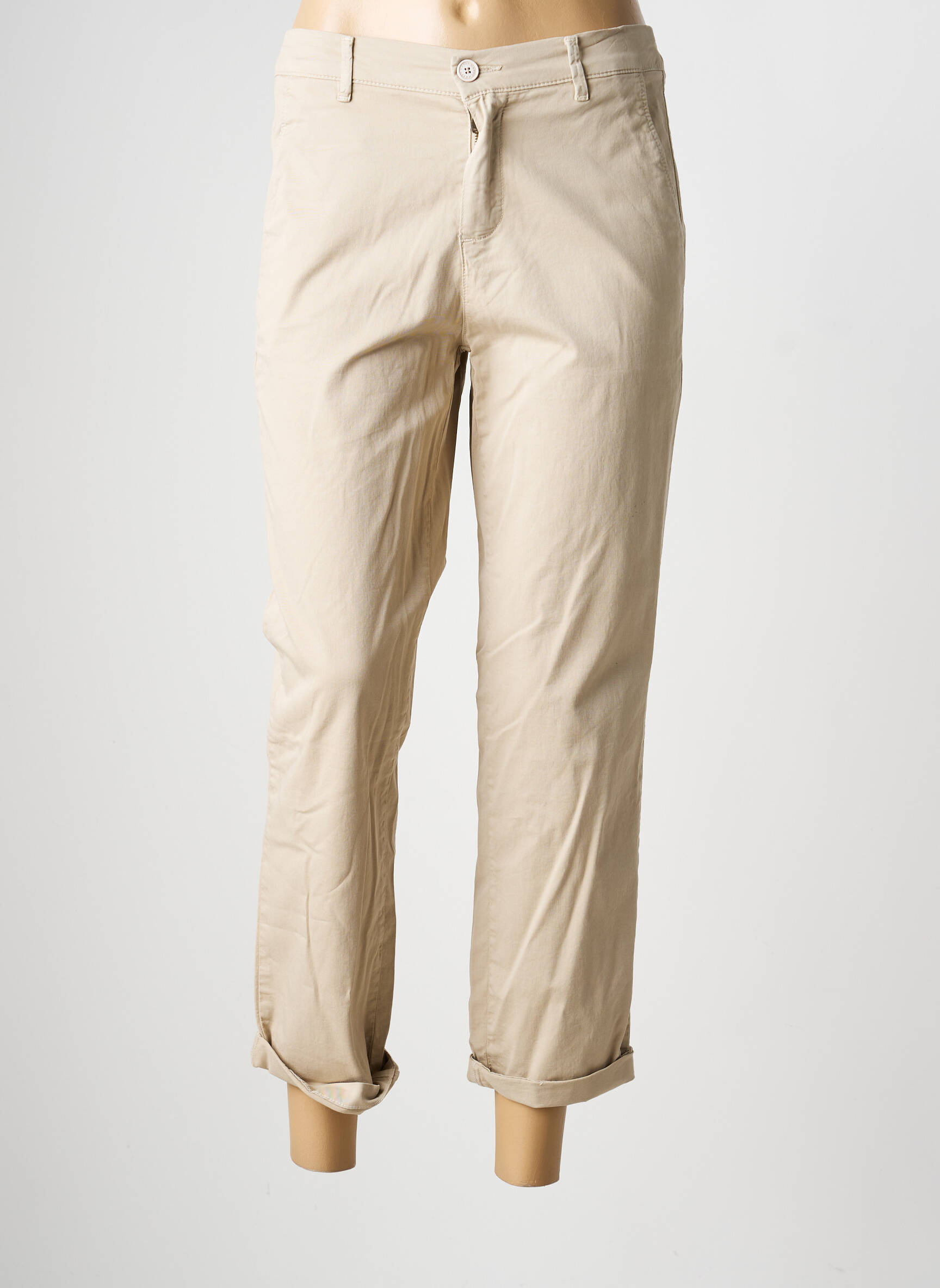 Pantalon chino țesătură poplin mărime normală bej HAPPY femeie