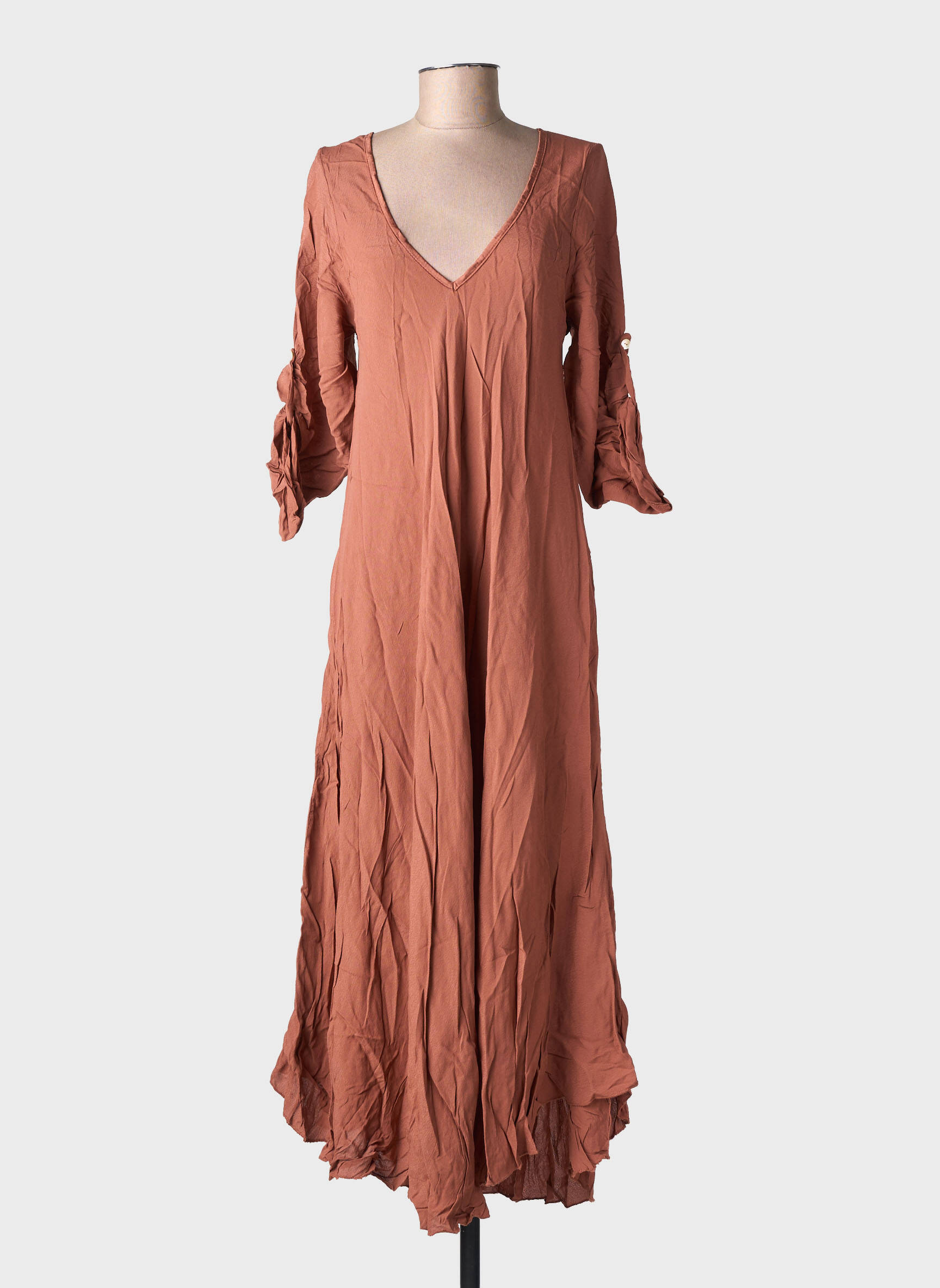 Rochie lungă croială evazată mâneci 3/4 maro BY COCO femeie