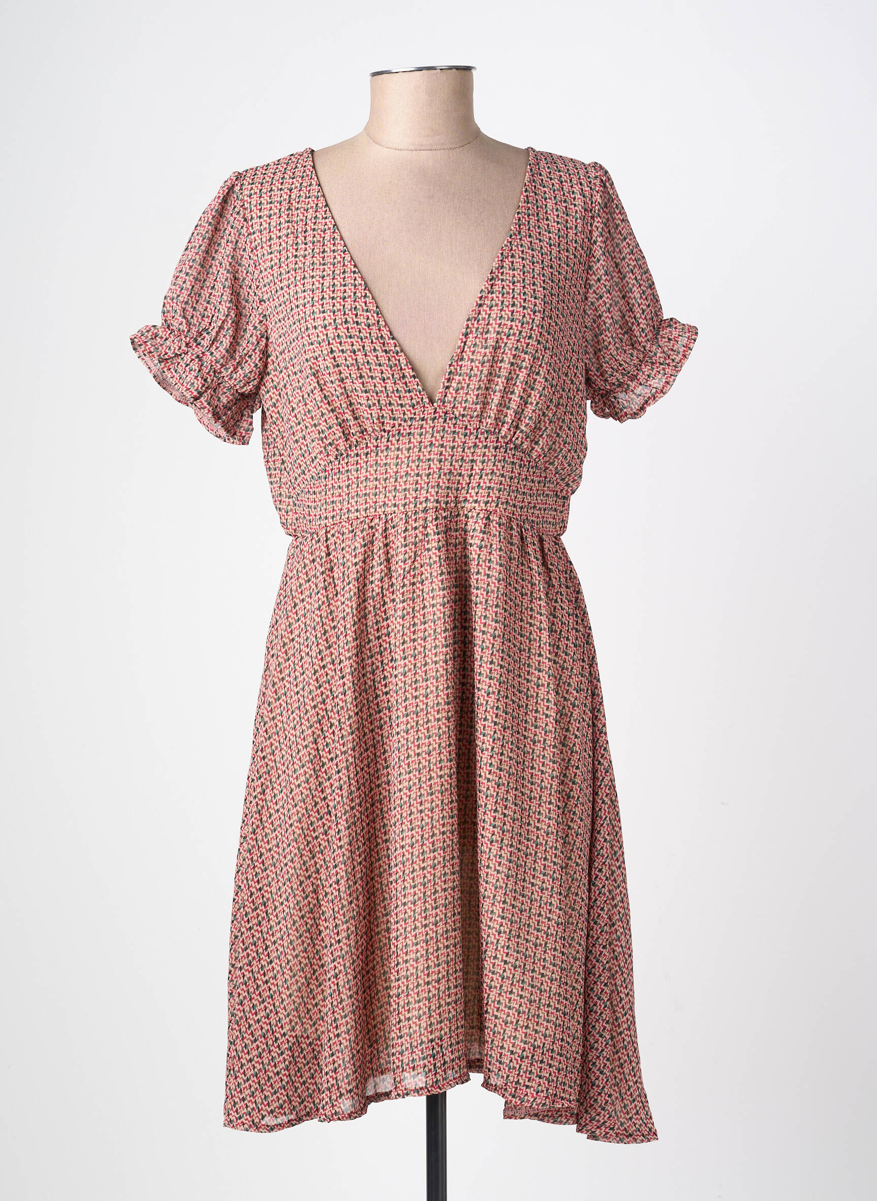 Rochie midi imprimeu fantezie mâneci scurte bej LILIE ROSE femeie