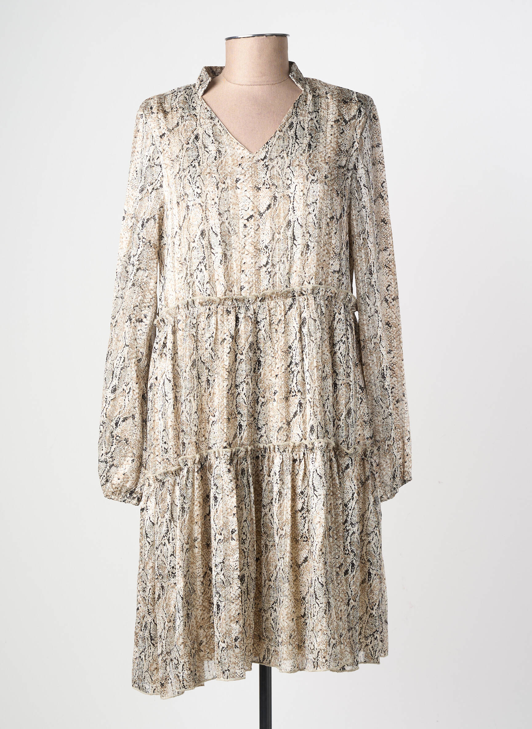 Rochie scurtă croială evazată mâneci lungi bej LILIE ROSE femeie