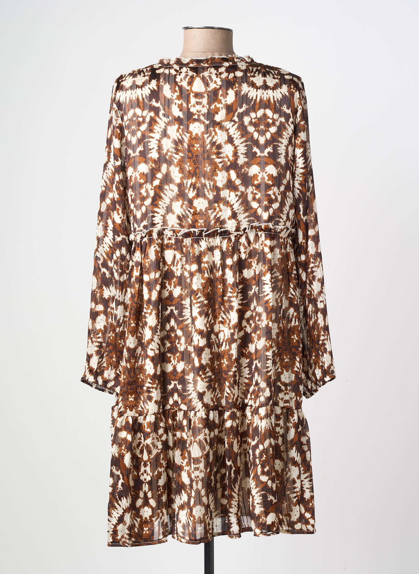 Rochie midi țesătură crep mâneci lungi maro LILIE ROSE femeie