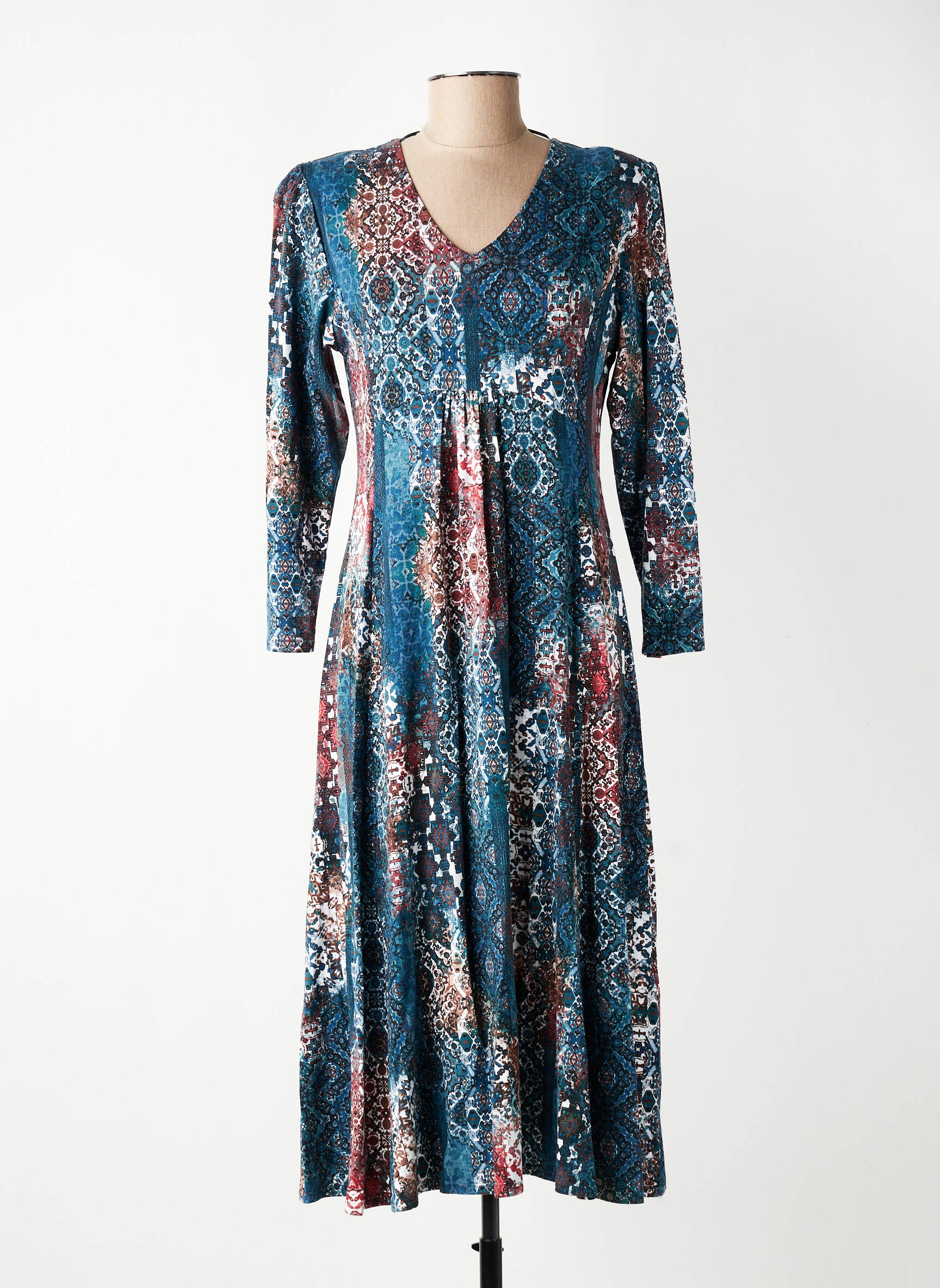 Rochie midi imprimeu fantezie mâneci lungi albastru GEVANA femeie