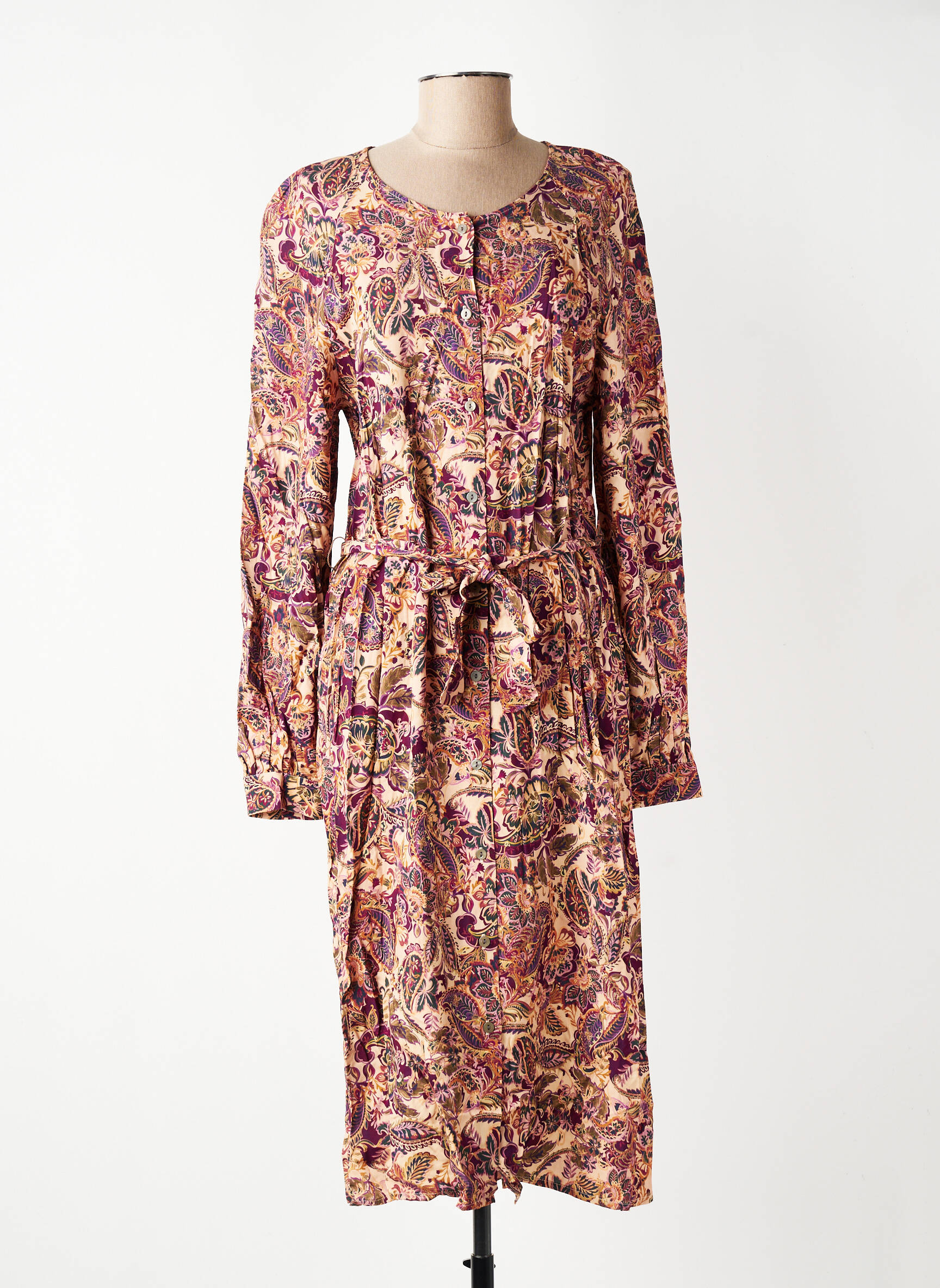 Rochie midi imprimeu floral mâneci lungi bej GEVANA femeie