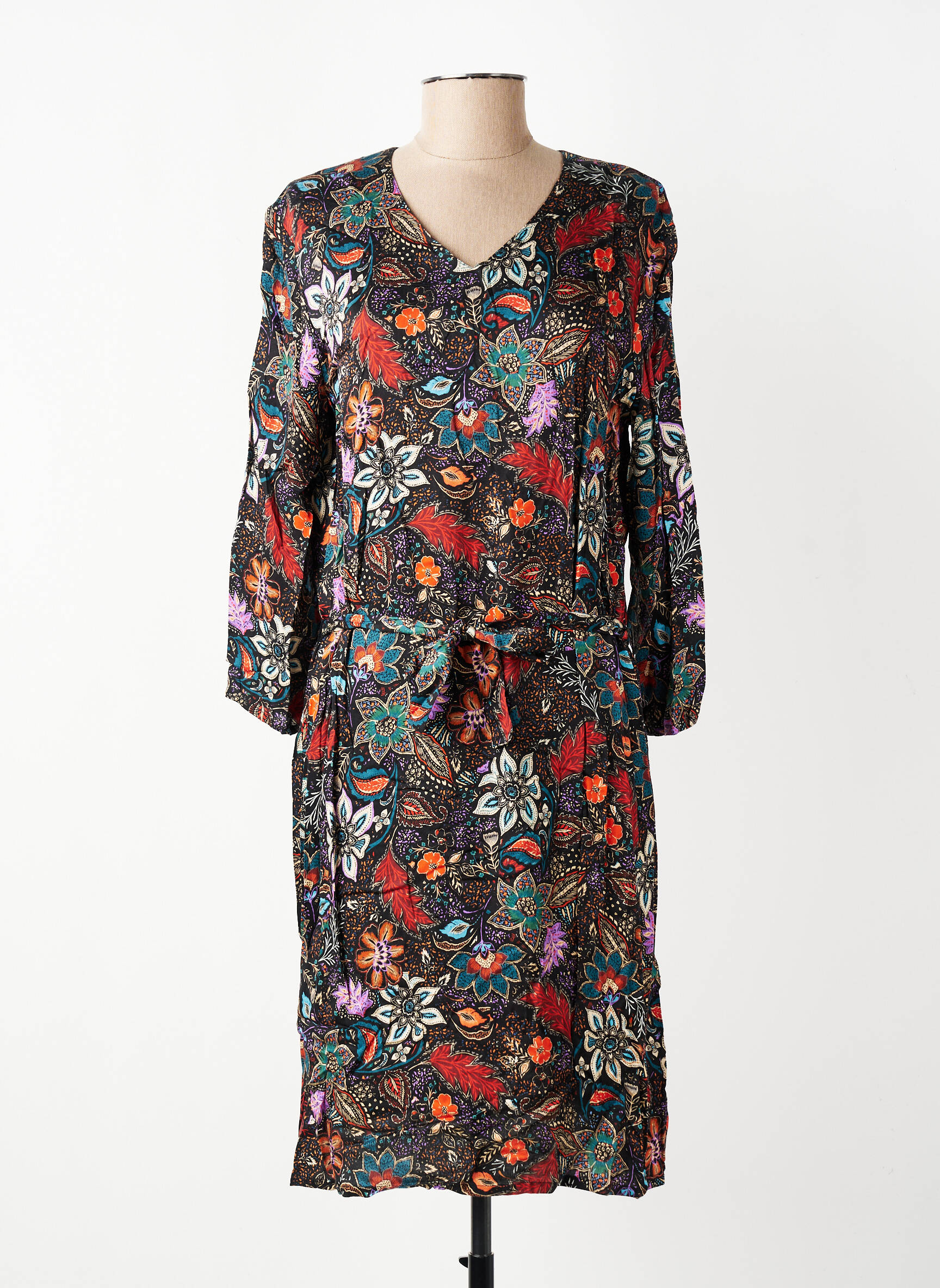 Rochie midi imprimeu floral mâneci lungi negru GEVANA femeie