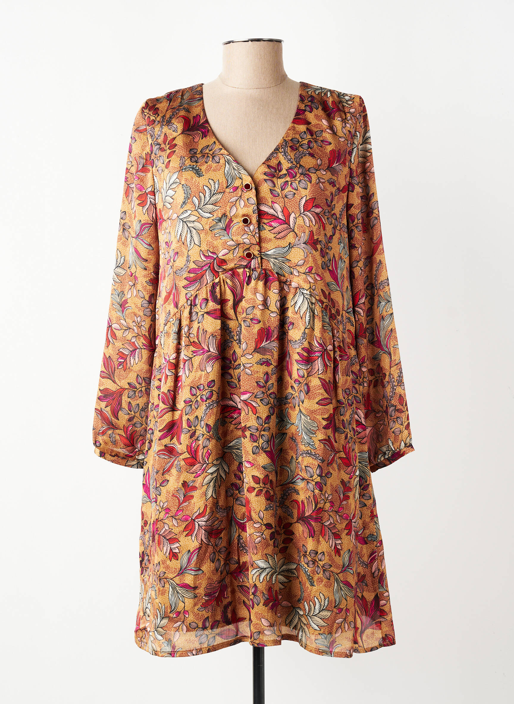 Rochie midi imprimeu floral mâneci lungi galben GEVANA femeie
