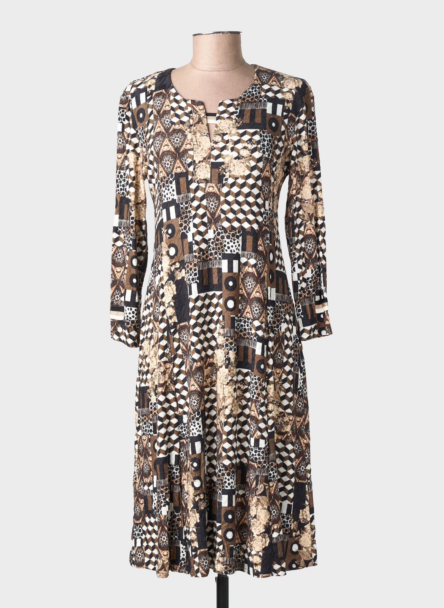 Rochie midi imprimeu fantezie mâneci lungi negru GEVANA femeie