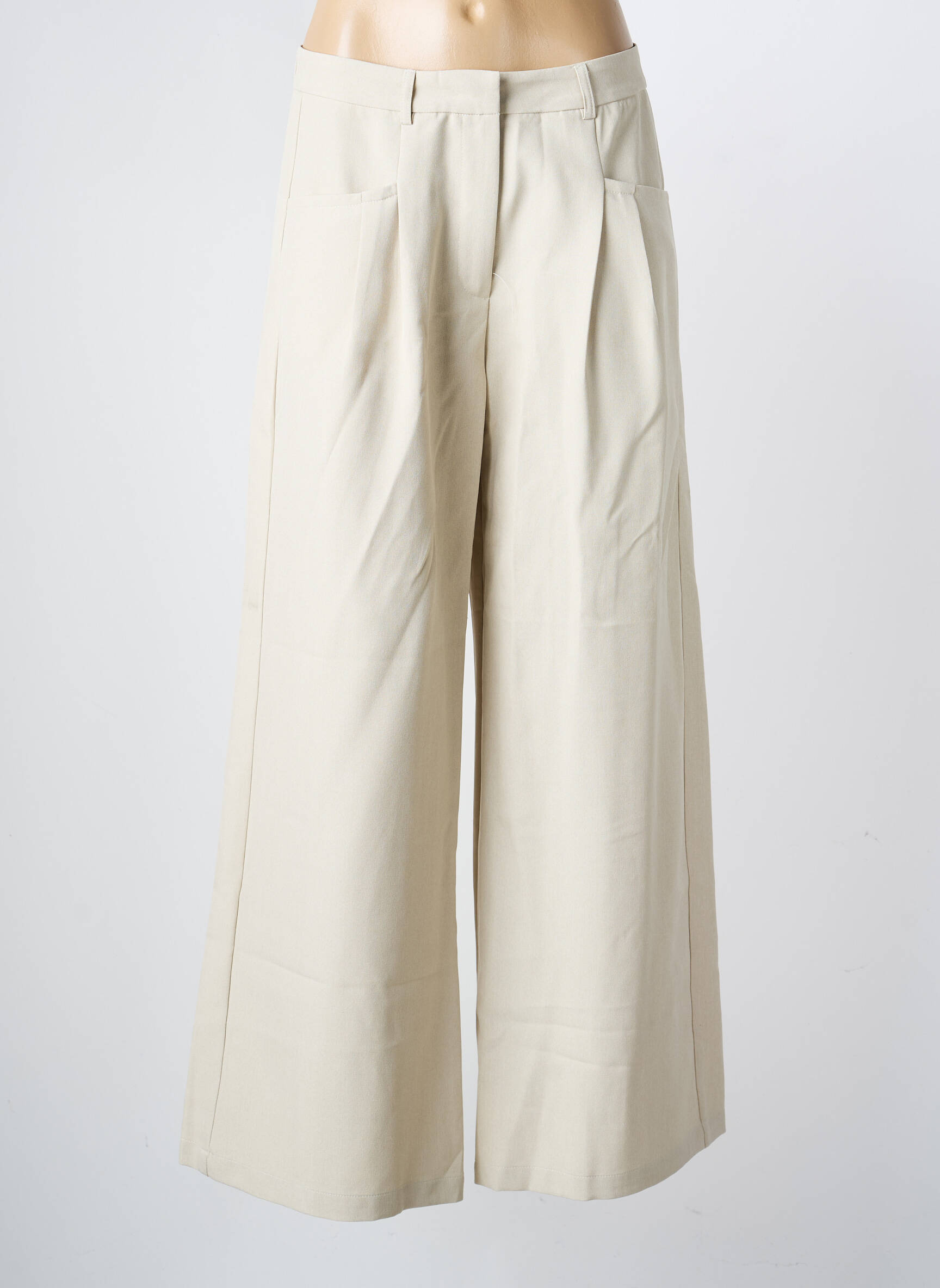 Pantalon larg țesătură crep talie înaltă bej NEKANE femeie