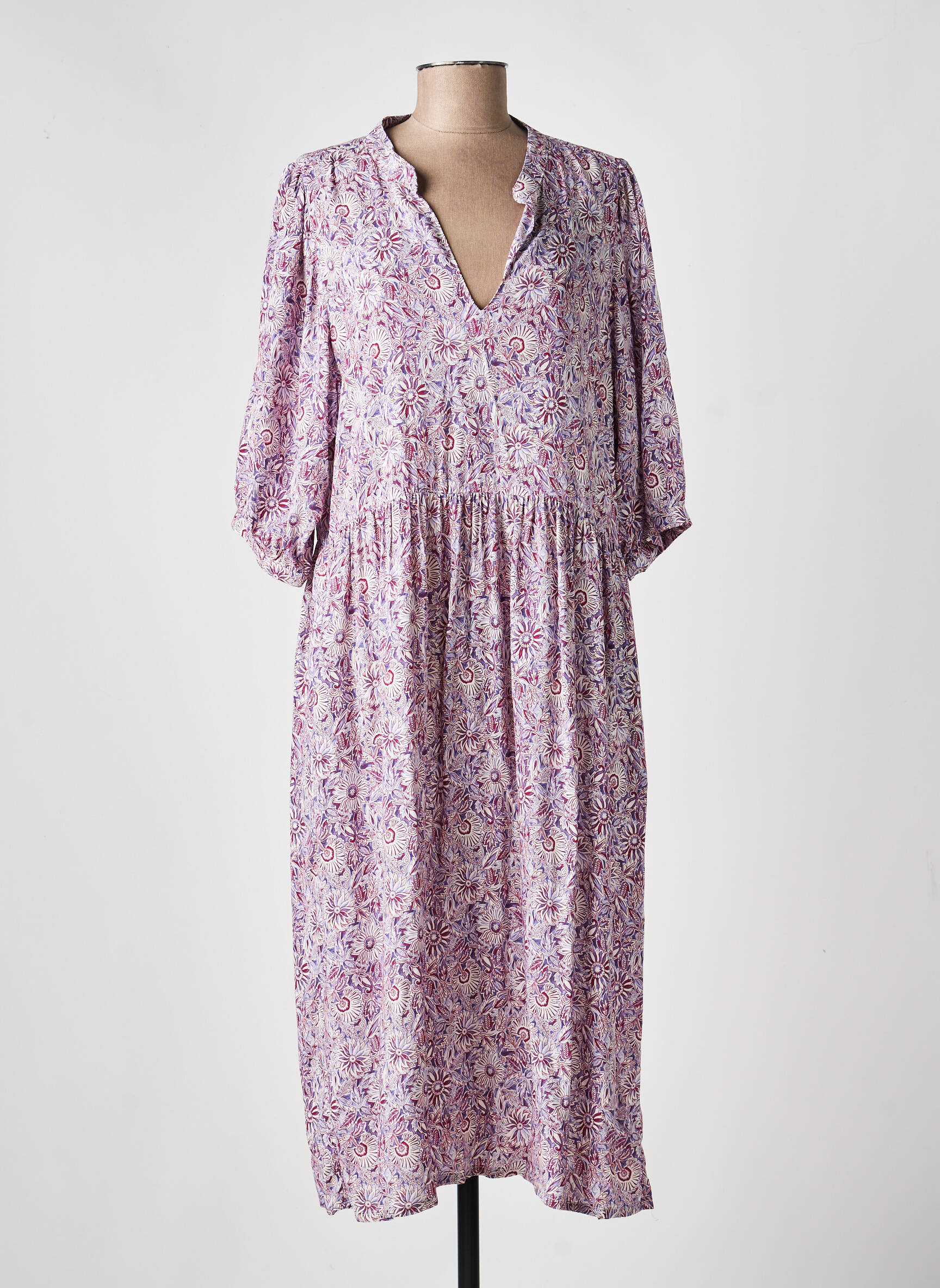 Rochie lungă imprimeu floral mâneci 3/4 violet ANDAM femeie