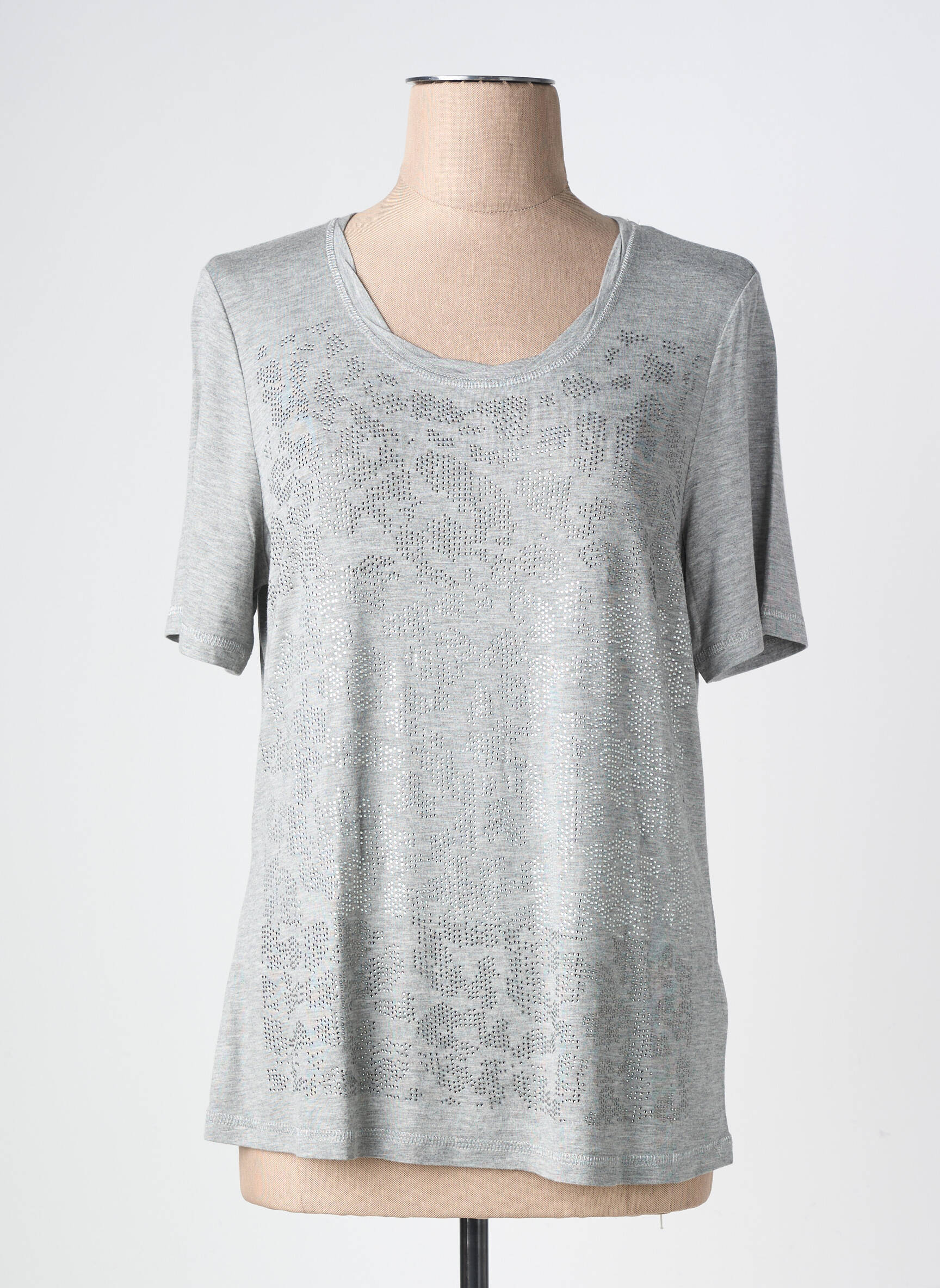 Tricou serigrafie cu strasuri mâneci scurte gri BARBARA LEBEK femeie