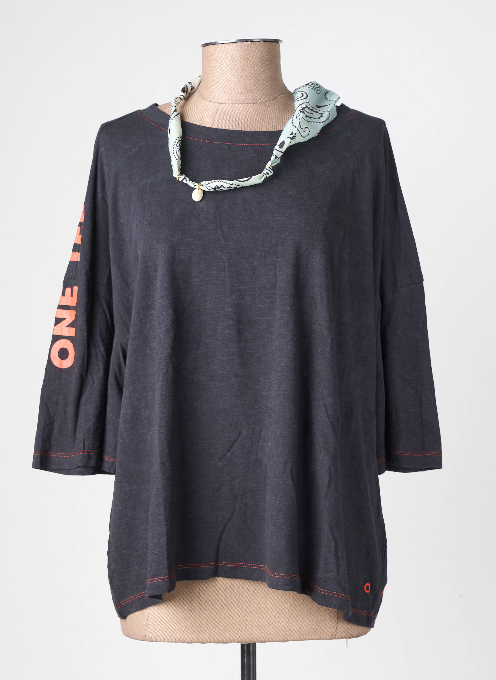 Tricou guler rotund mâneci scurte gri ONE TEE femeie