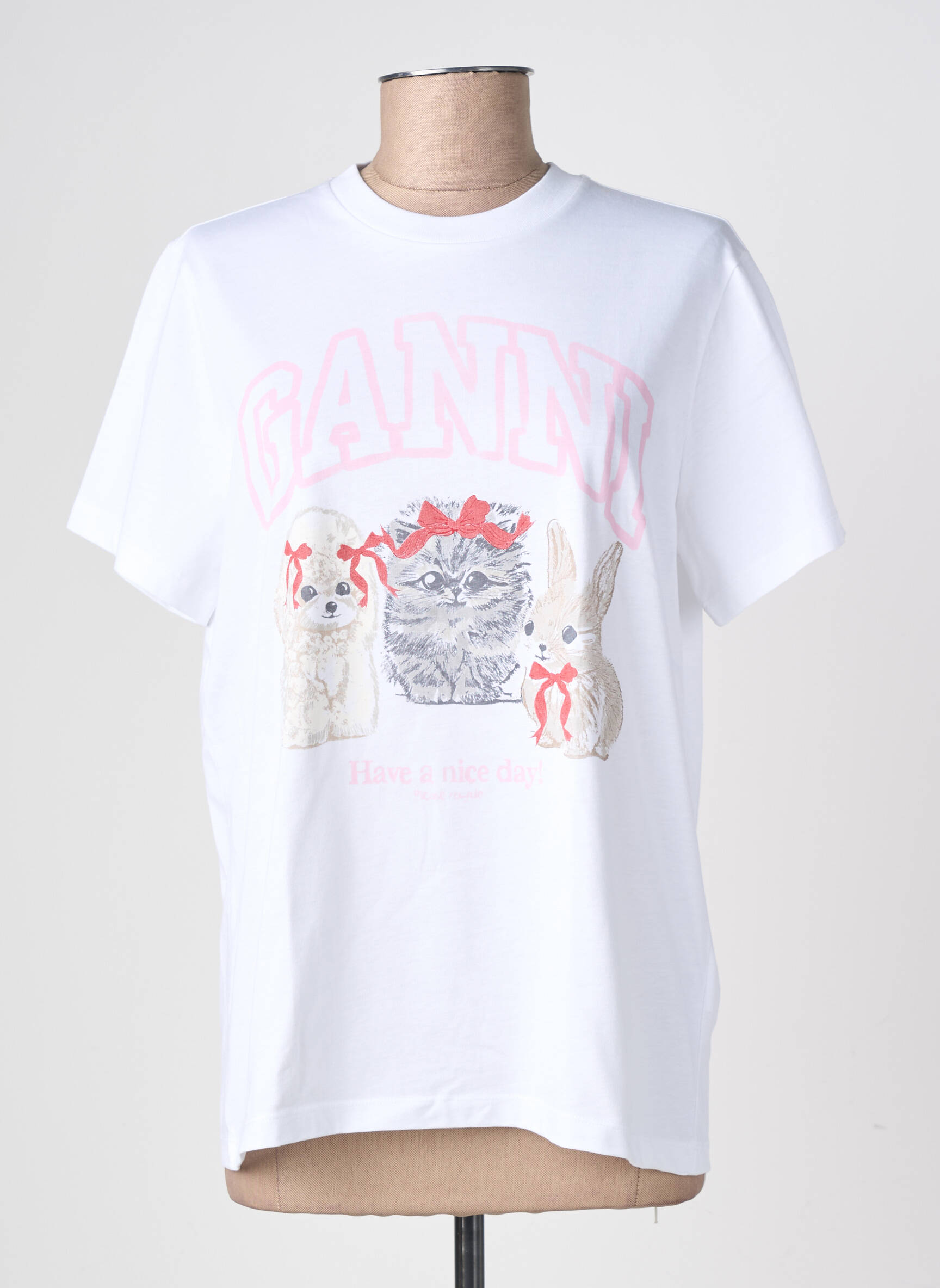 Tricou croială dreaptă mâneci scurte alb GANNI femeie