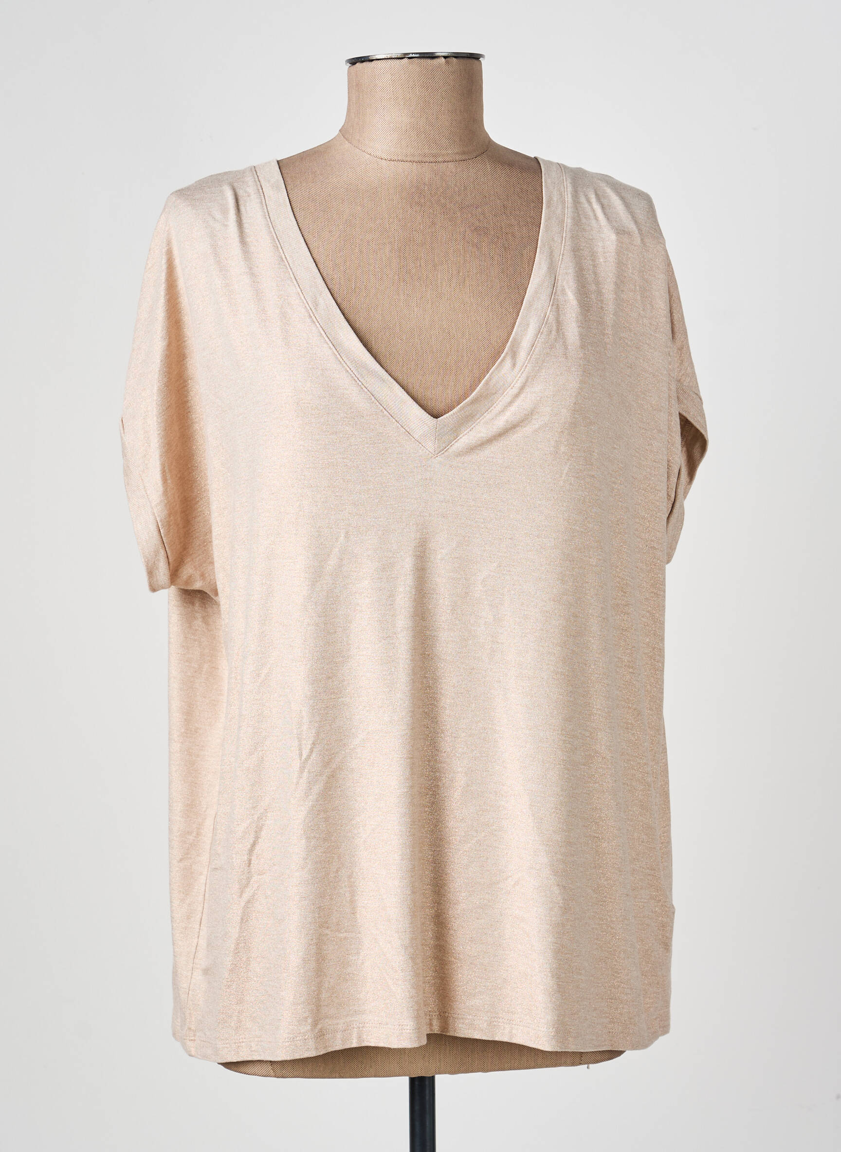 Tricou guler în v mâneci scurte roz MAJESTIC FILATURES femeie