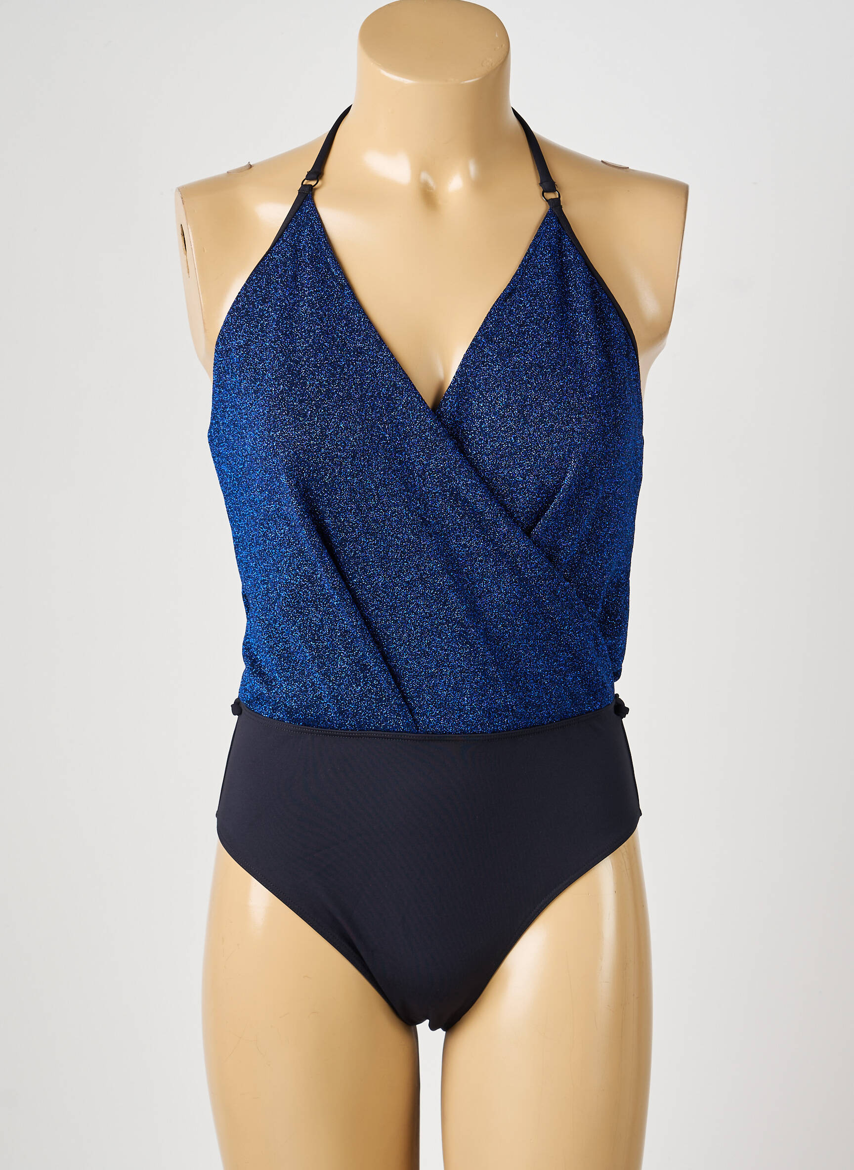 Costum de baie dintr-o singură piesă efect material satinat sutien balconet cu decolteu înalt albastru LA NOUVELLE femeie
