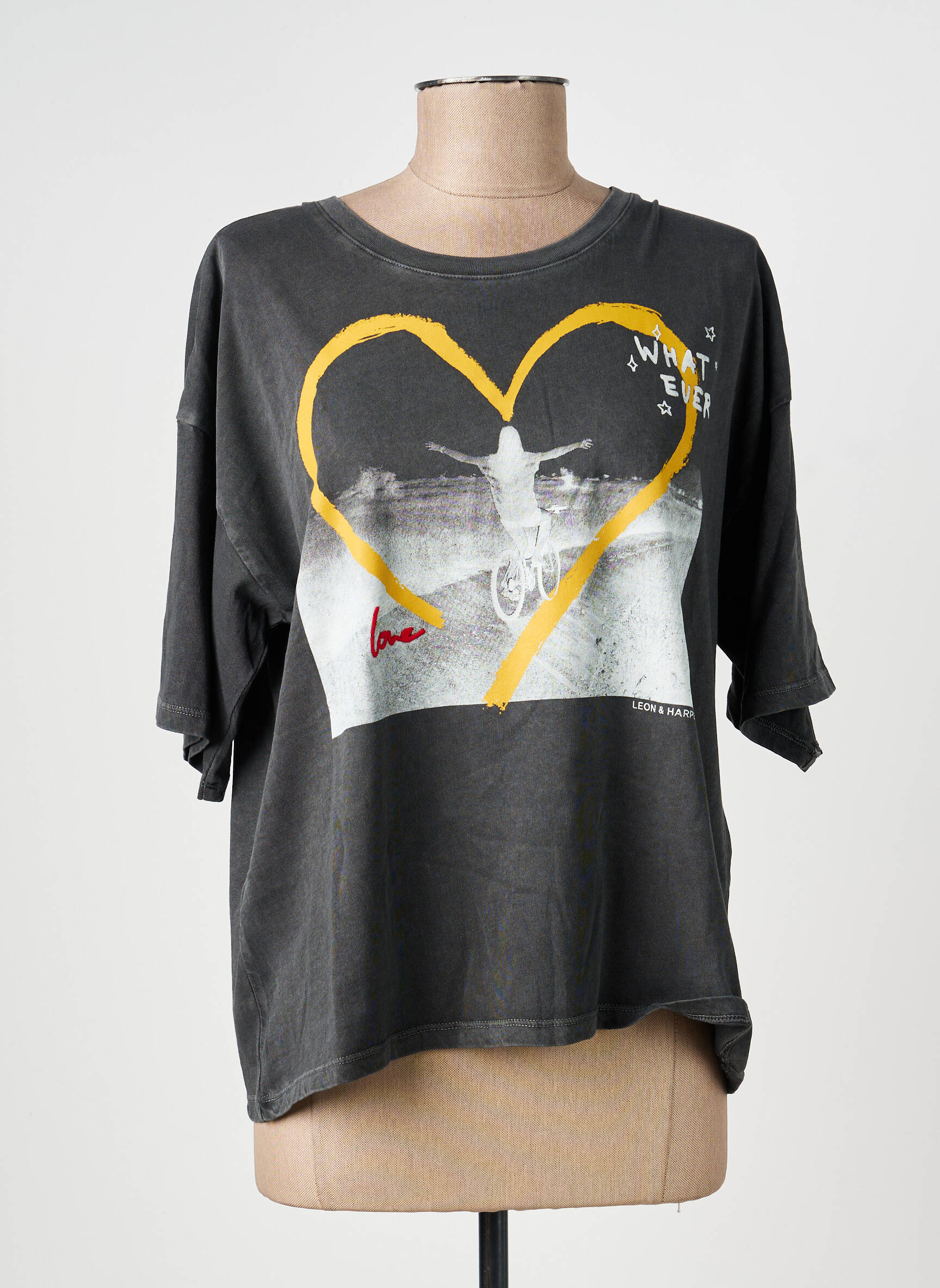 Tricou serigrafie mâneci scurte gri LEON & HARPER femeie