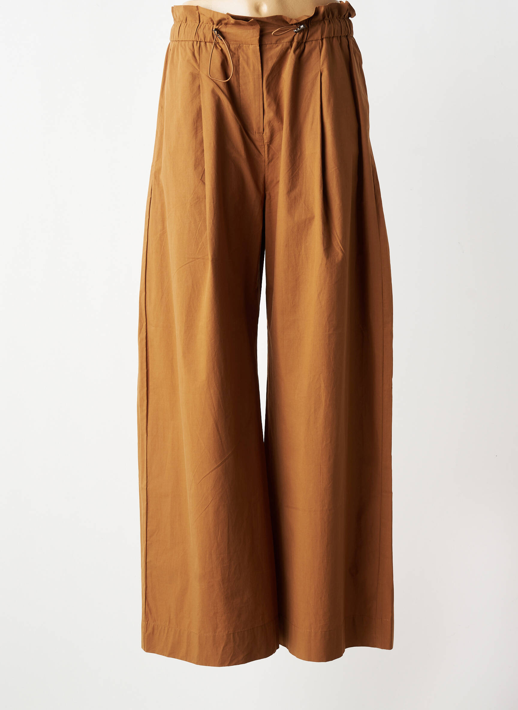 Pantalon larg țesătură poplin talie înaltă maro SUNCOO femeie