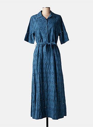 Rochie lungă țesătură poplin mâneci scurte albastru PAKO LITTO femeie