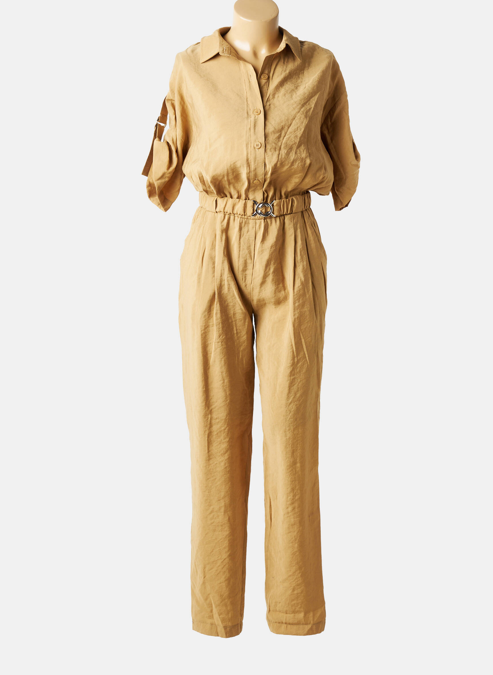 Salopetă-pantalon țesătură crep mâneci scurte bej LA PETITE FRANCAISE femeie