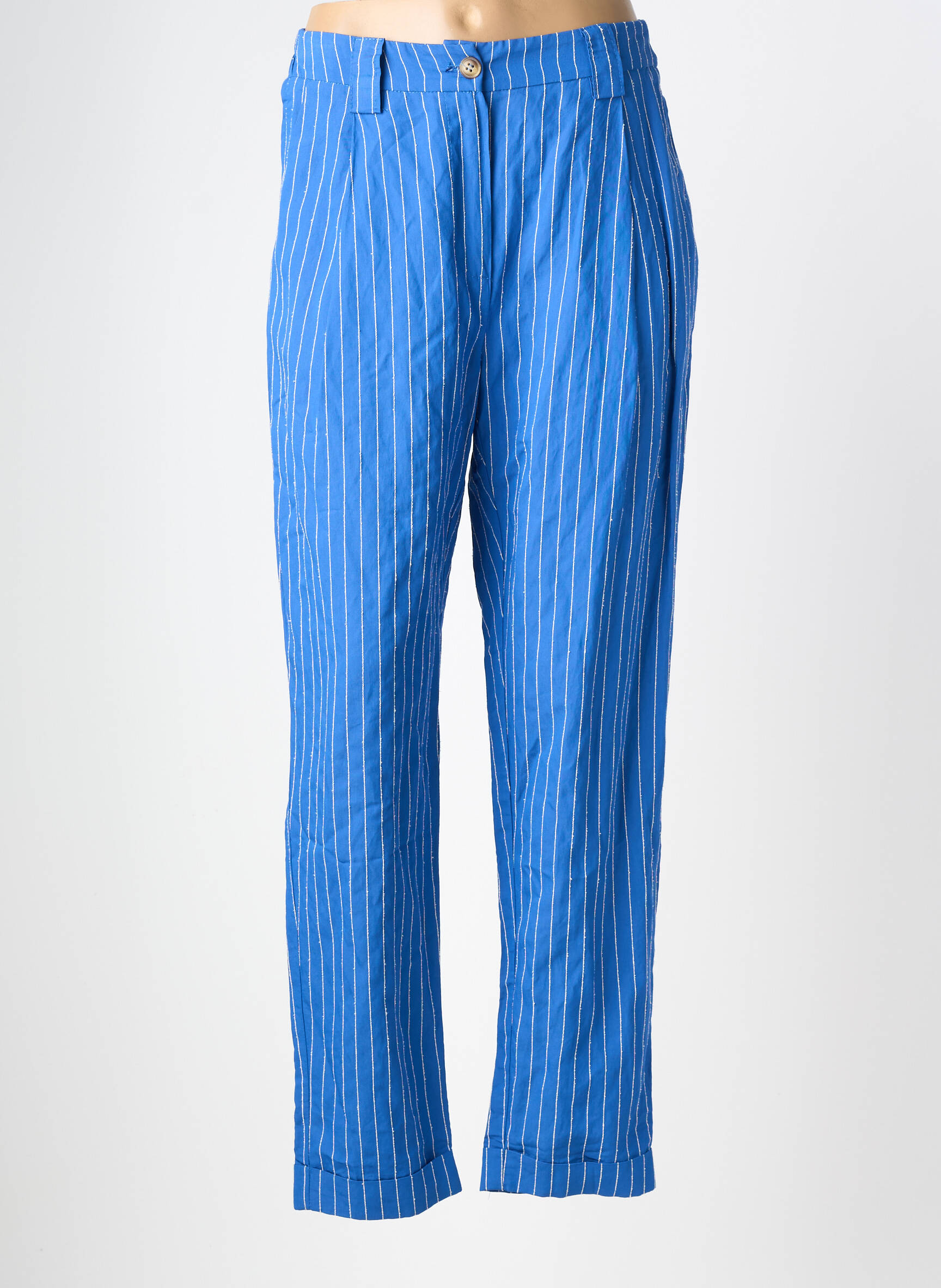 Pantalon drept țesătură poplin talie înaltă albastru O'MER femeie