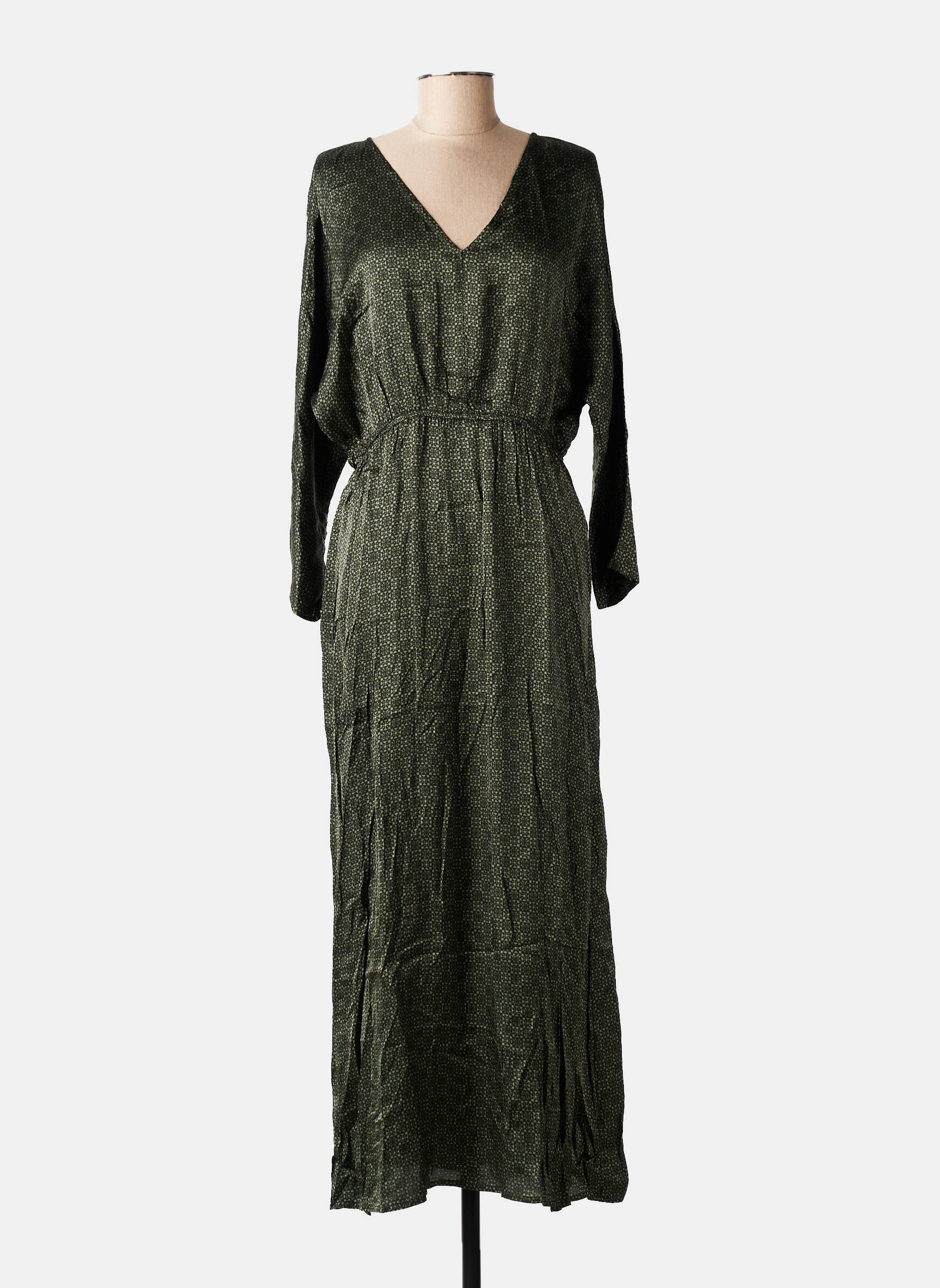 Rochie lungă imprimeu fantezie mâneci lungi verde GRACE & MILA femeie
