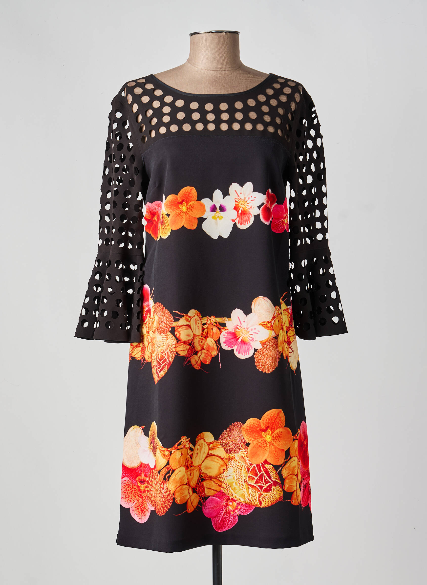 Rochie midi imprimeu floral mâneci 3/4 negru FUEGO WOMAN femeie