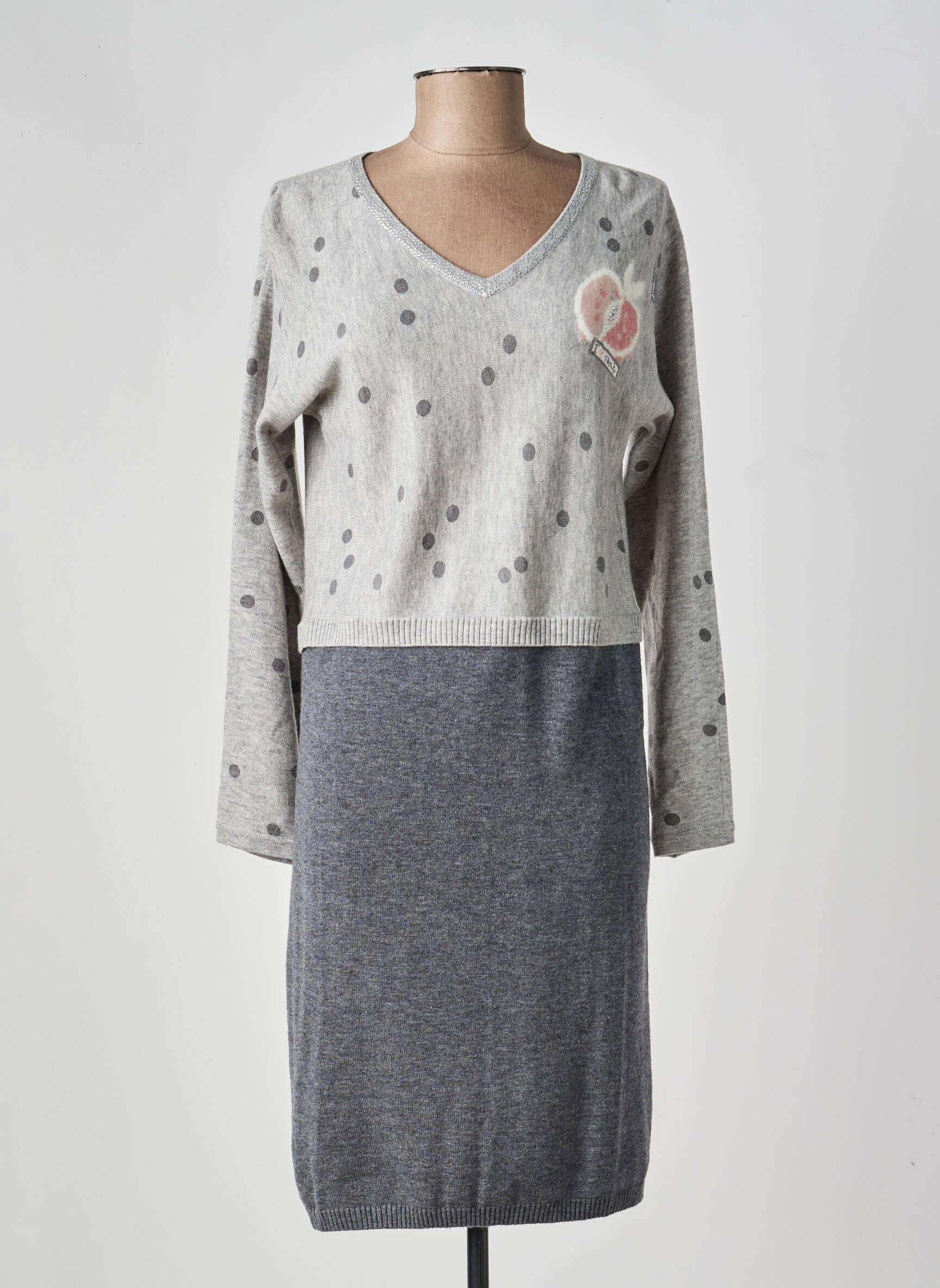 Rochie pulover guler în v mâneci lungi gri ANANKE femeie