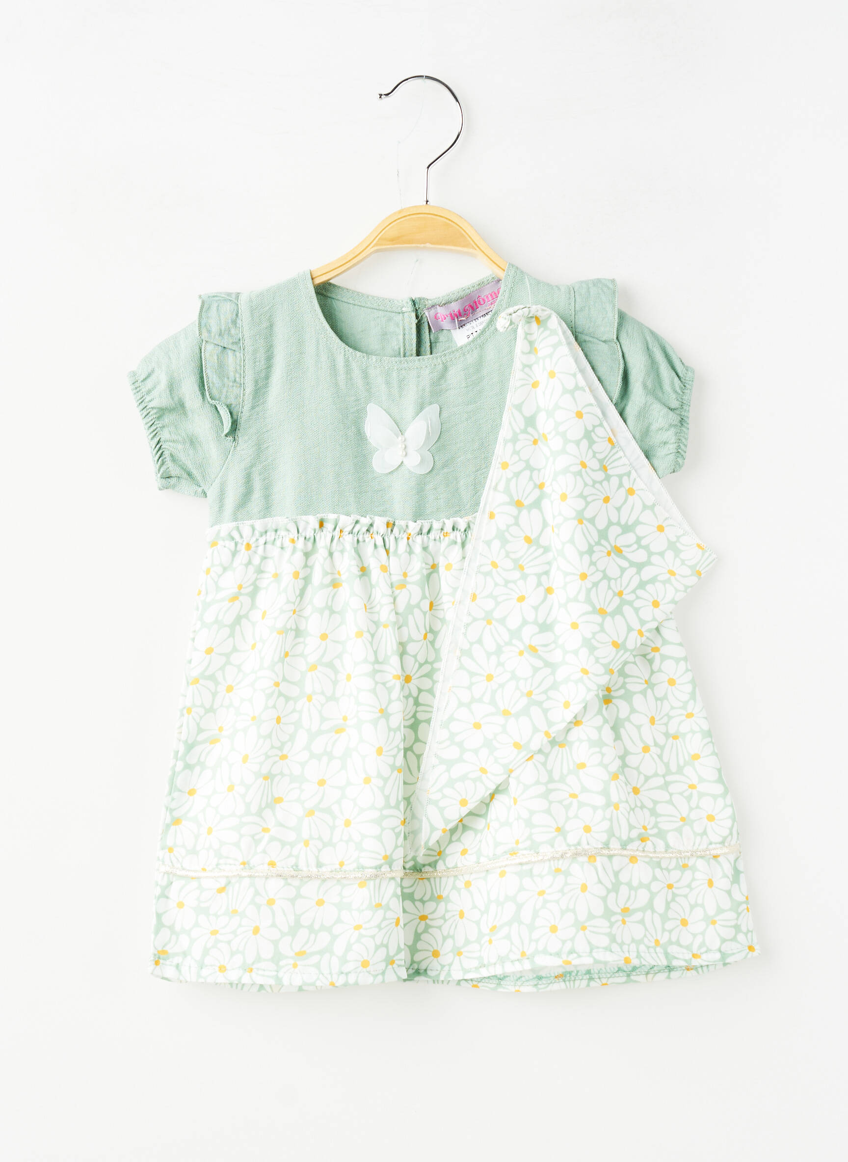 Rochie scurtă țesătură poplin mâneci scurte verde P'TIT MÔME fată