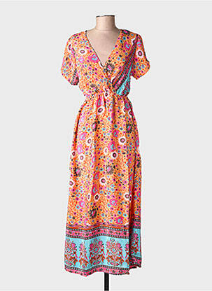 Rochie lungă imprimeu fantezie mâneci scurte portocalie SINOE BY BAMBOO'S femeie