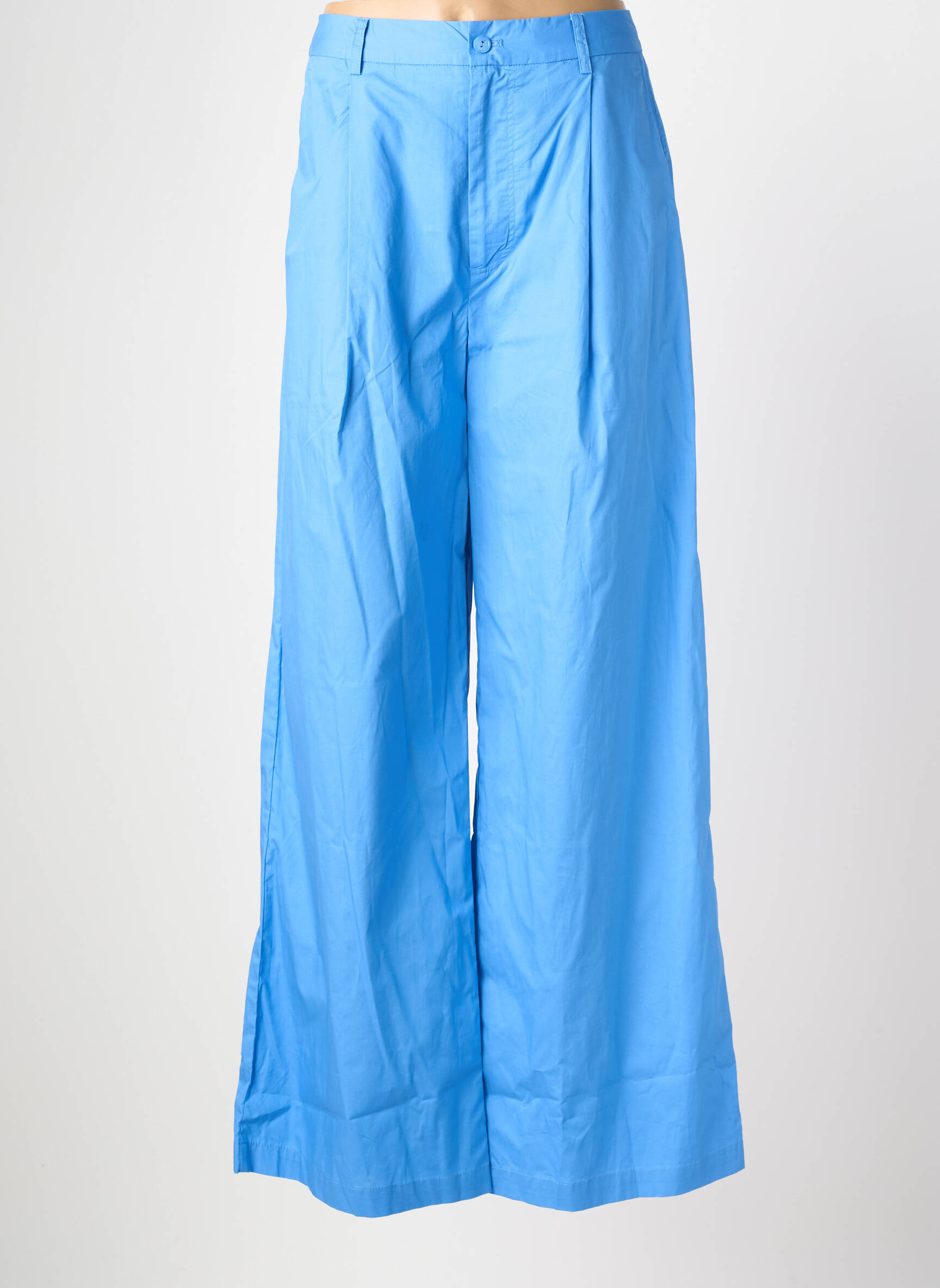 Pantalon larg țesătură poplin talie înaltă albastru YERSE femeie