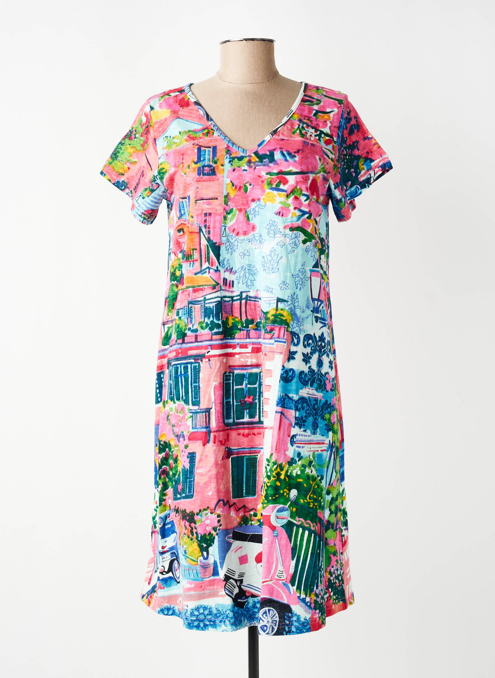 Rochie midi imprimeu fantezie mâneci scurte roz ORIENTIQUE NATURALLY femeie