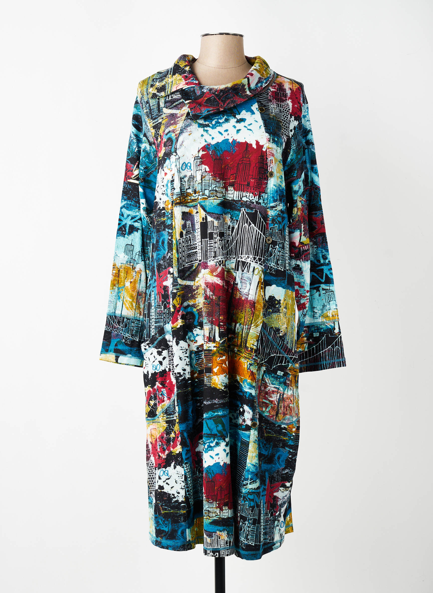 Rochie midi imprimeu fantezie mâneci lungi albastru ORIENTIQUE NATURALLY femeie