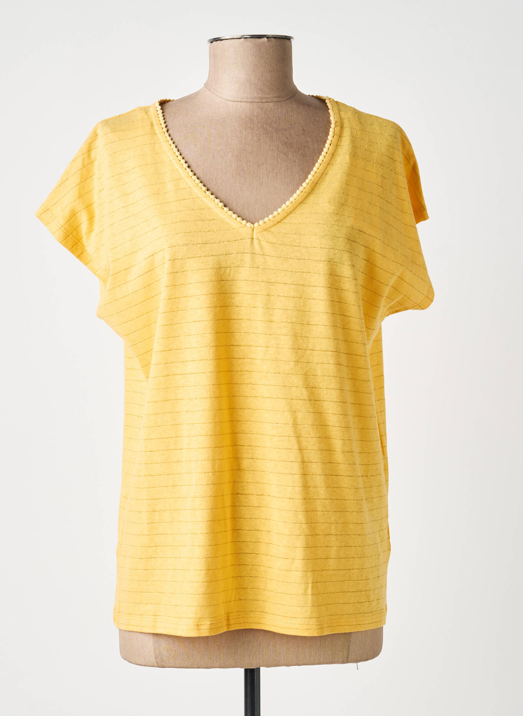 Tricou guler în v mâneci scurte galben C'EST BEAU LA VIE femeie