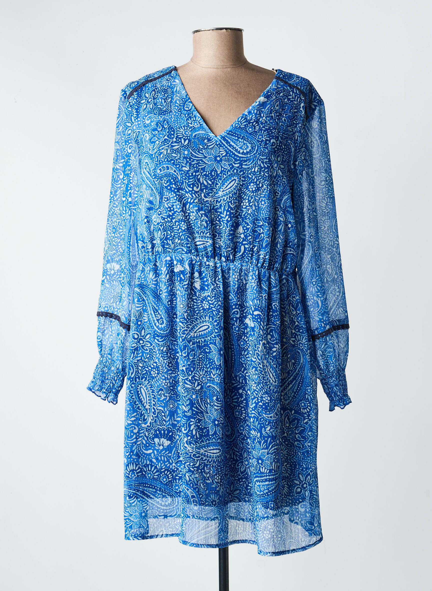 Rochie scurtă croială fluidă mâneci lungi albastru C'EST BEAU LA VIE femeie