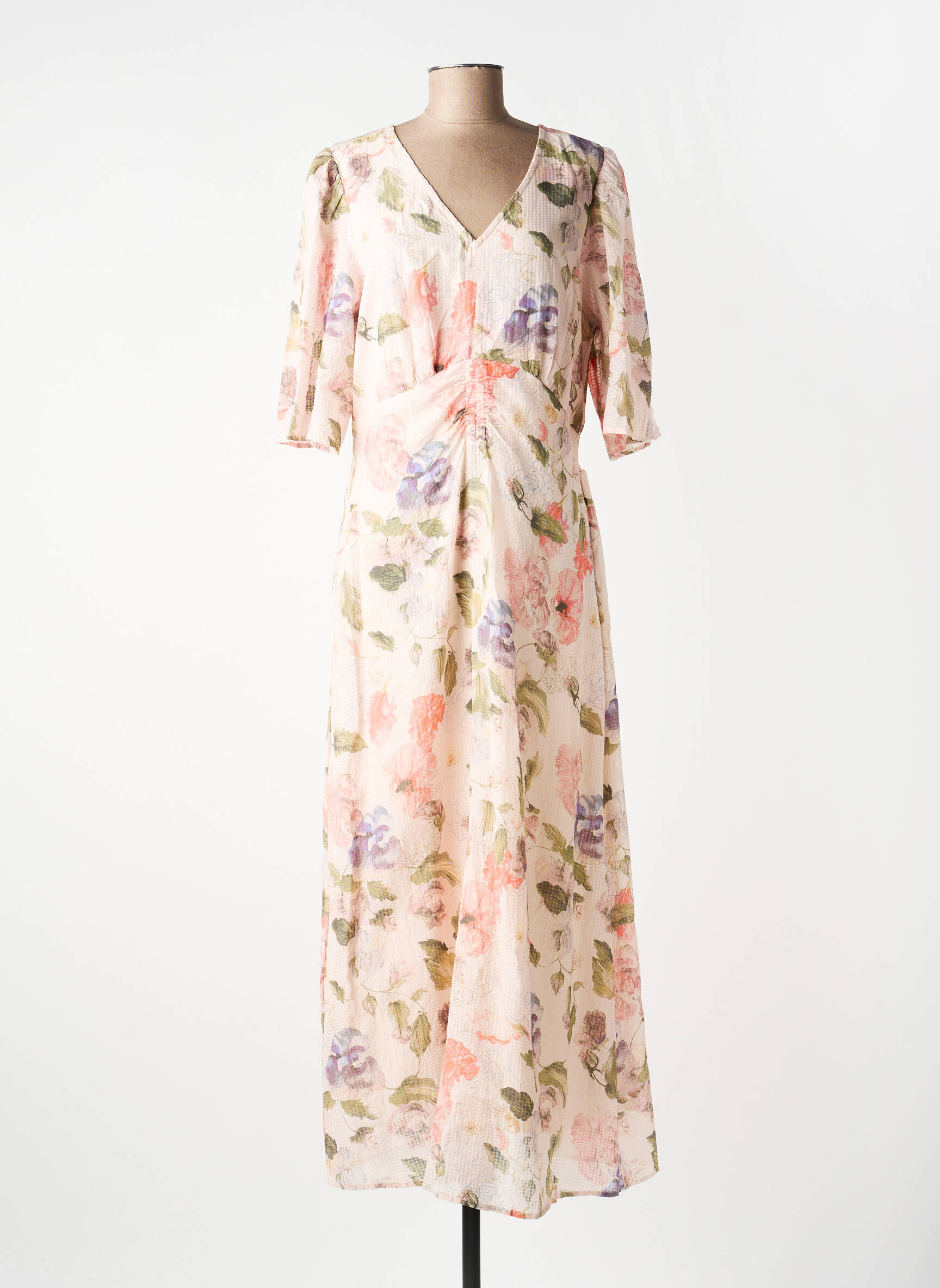 Rochie lungă imprimeu floral mâneci scurte bej CREAM femeie